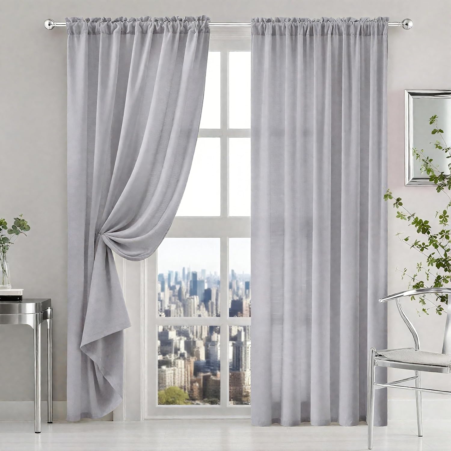 HOMEIDEAS Non See Through Privacy Sheer Curtains, Elegant Lightweight Semi Light Filtering Solid Color Long Window Drapes for Bedroom, Living Room, Light Grey, 52 x 96 Inches Long, 2 Panels Set