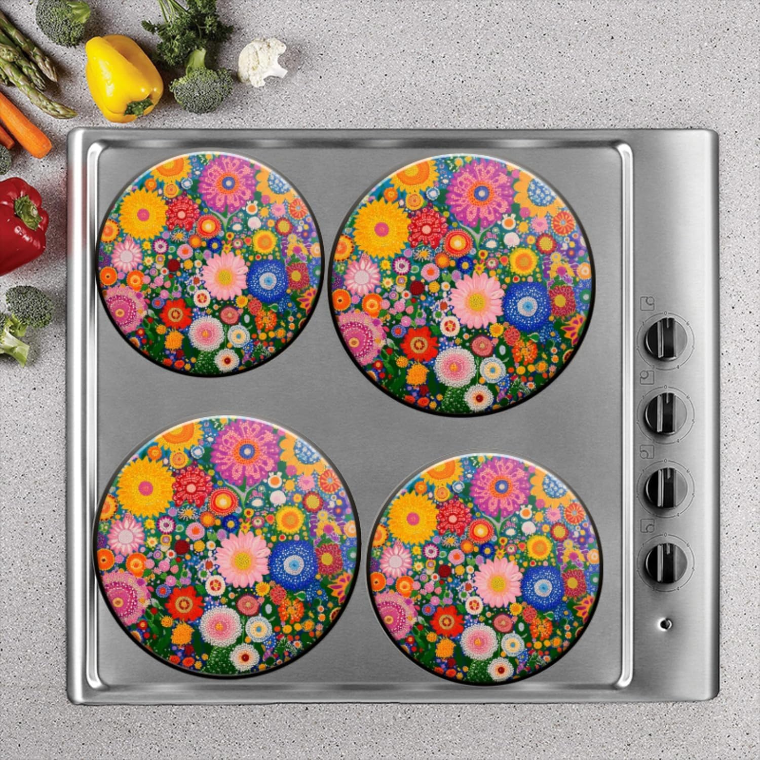 Electric Stove Burner Covers Set of 4 for Range Accessories, Colorful Polka Dot Flowers Gas Metal Cover for Expanding Counter Space Stovetop Decor