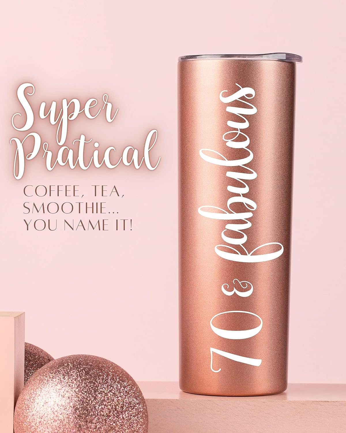 Onebttl 70th Birthday Gifts for Women, 70 & Fabulous, 70th Birthday Gift Idea for Women, Coworker, Friends, Mom, 70th Bday Gifts, Stainless Steel Tumbler 20oz - Rose Gold