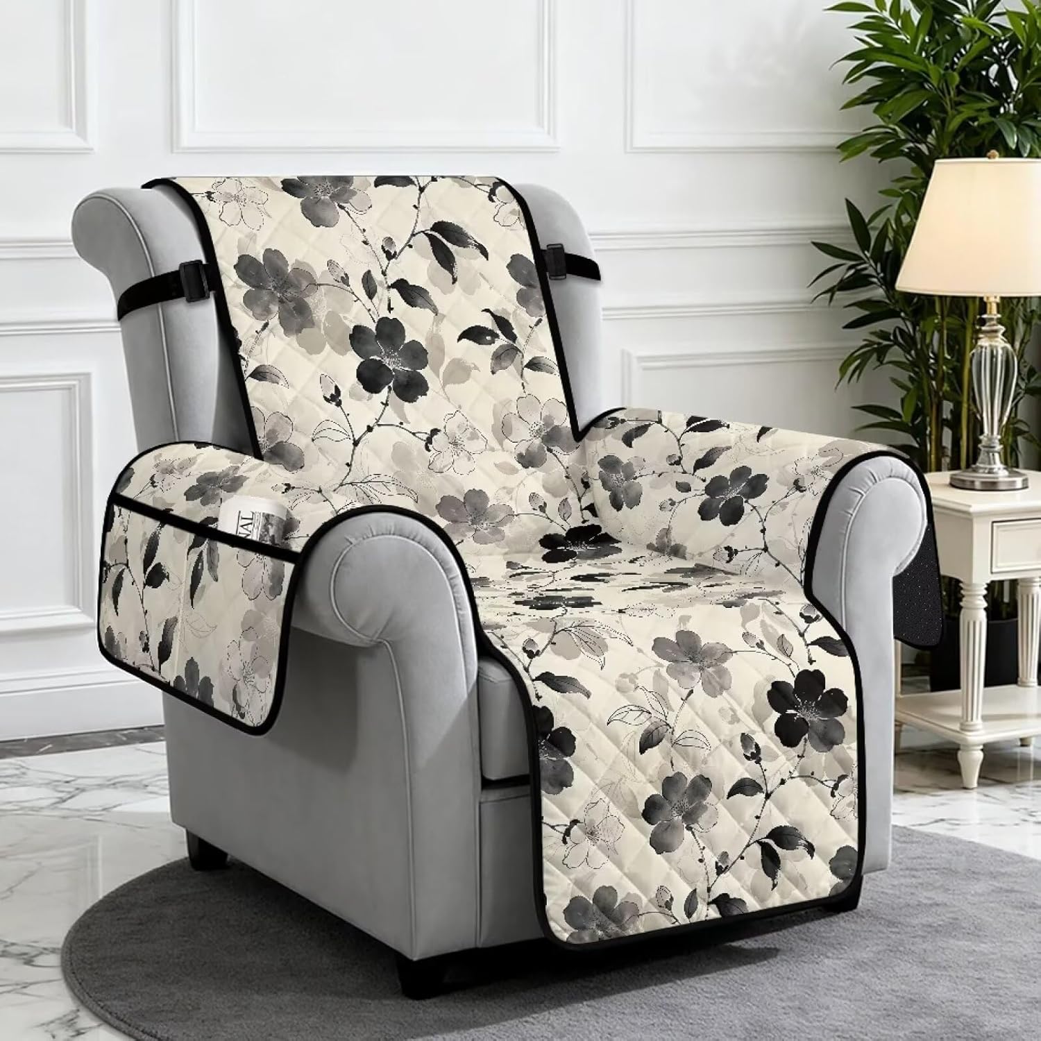 Lazyboy Recliner Chair Covers Floral Print Anti-Slip Recliner Slipcovers with Side Pockets Easy Install Single Sofa Couch Cover with Elastic Straps Washable Furniture Protector for Kids Pets