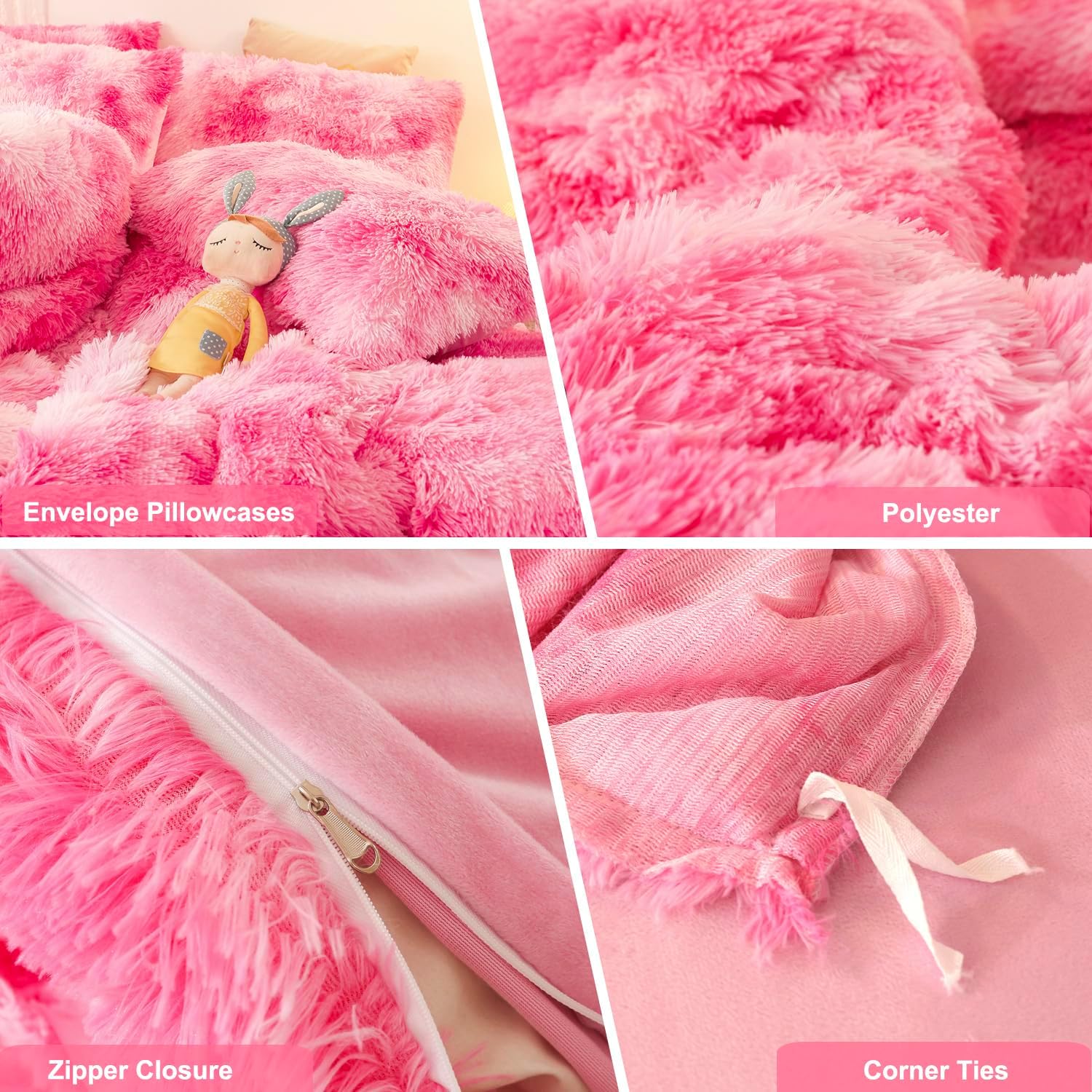 SUCSES Pink Fluffy Duvet Cover Set Twin Size Plush Shaggy Faux Fur Bedding Set for Girls Kids Teens Colorful Tie Dye Rainbow Furry Pink Comforter Cover Set (Hot Pink, Twin) - Image 6