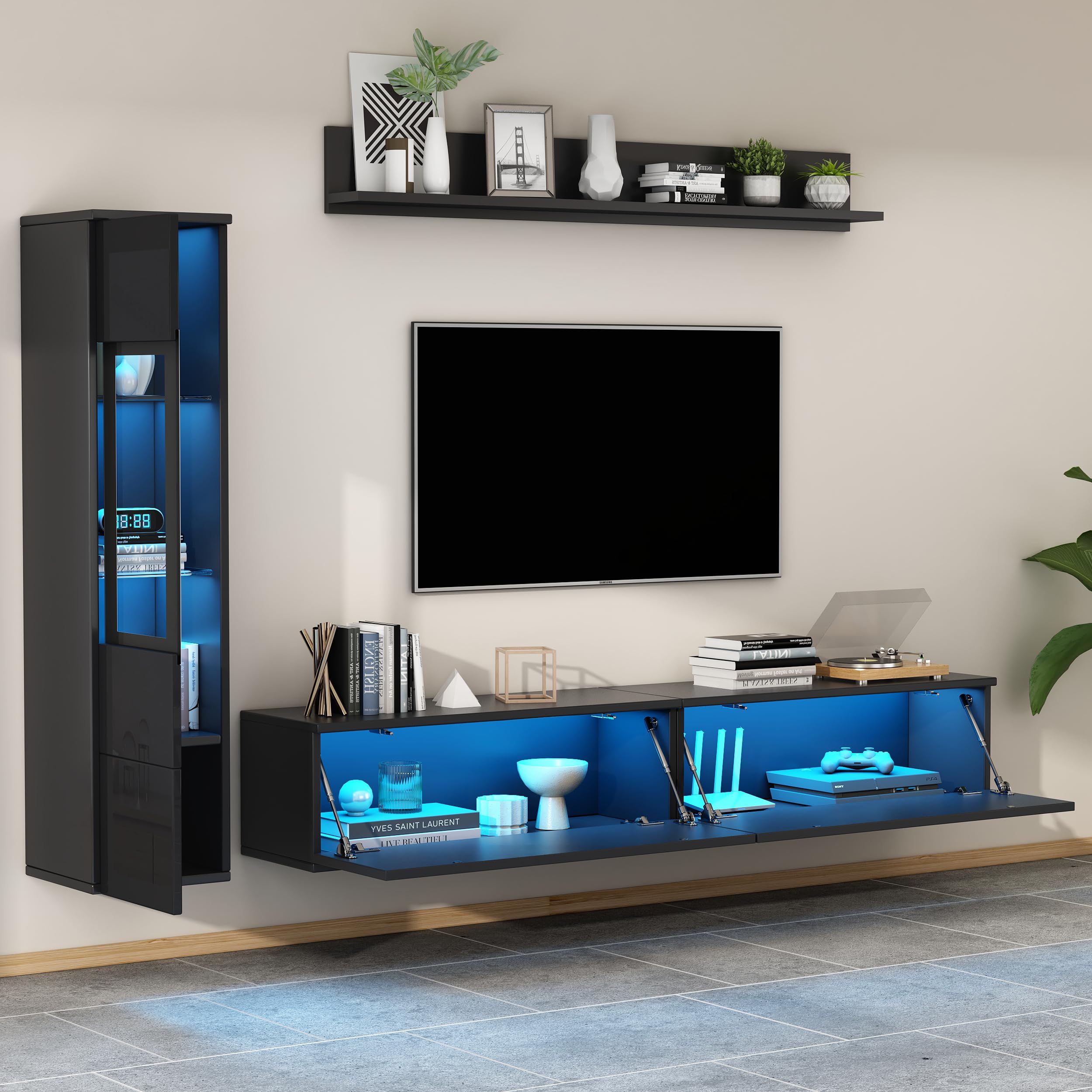 Wiuzo Set da Parete per TV, 3 Pezzi, Illuminazione a LED, Nero Lucido, Set di Mobili da Soggiorno, Parete Frontale Nero, 1 Armadio TV, 1 Vetrina per Soggiorno, 1 Mensola Sospesa, TV Fino a 80"