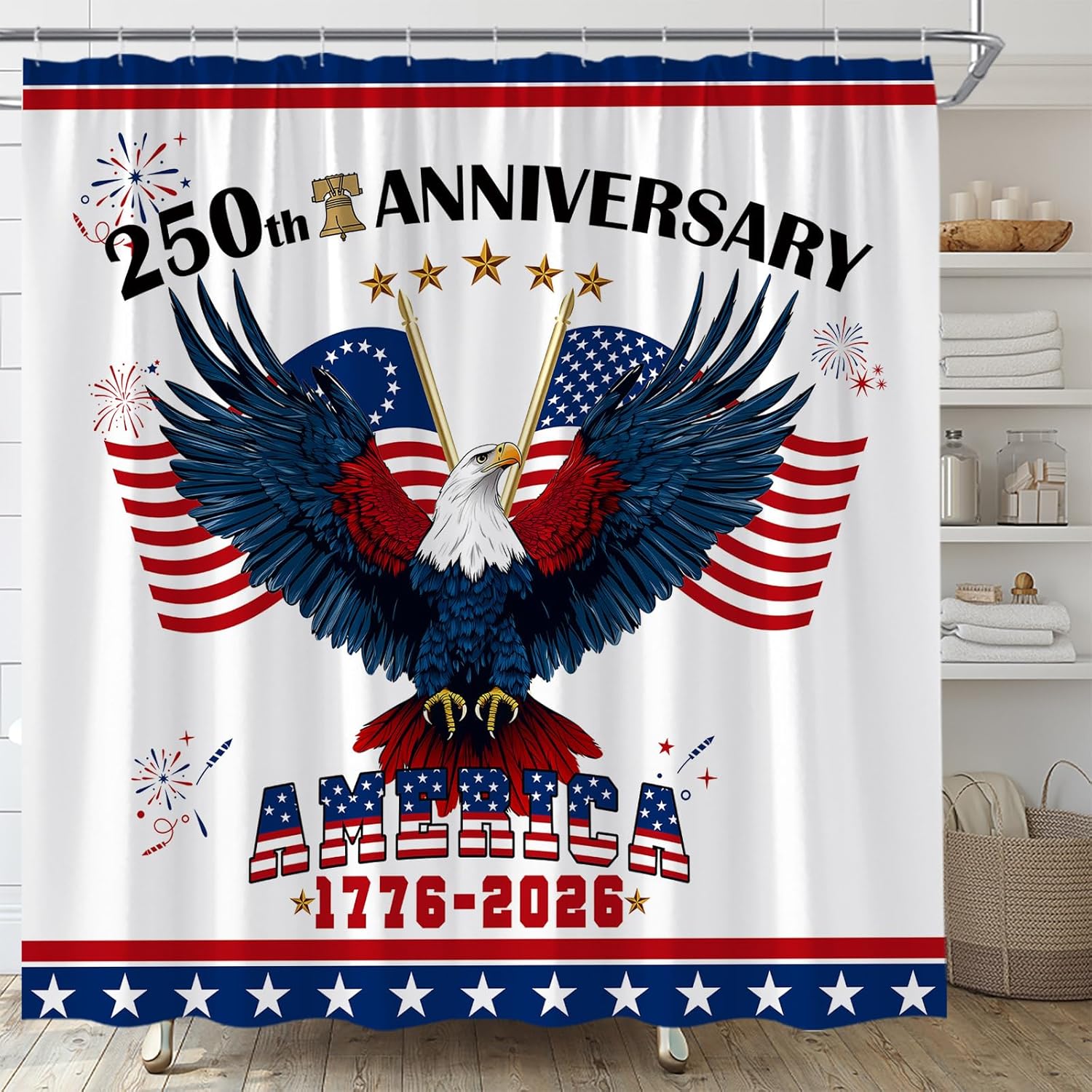 250th Anniversary Shower Curtain 4th of July Eagle American Flag Patriotic Independence Day Fabric for Bathroom Decor Bathtub with Hooks (70" WX84 H)
