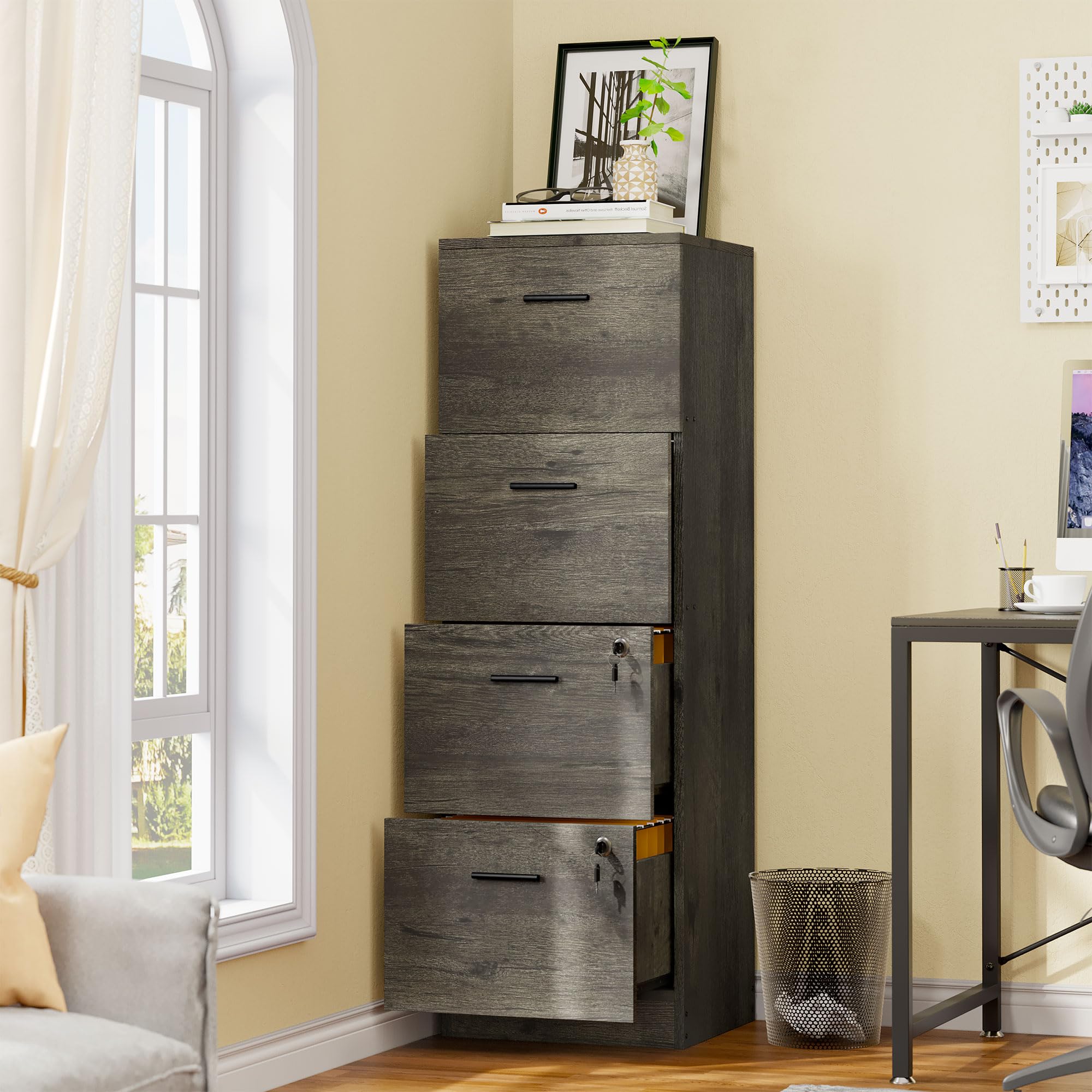 YITAHOME Armoire de Bureau à 4 tiroirs, verrouillable, 130,7 cm de Profondeur, pour classeurs de Format A4, pour la Maison et Le Bureau, Grise
