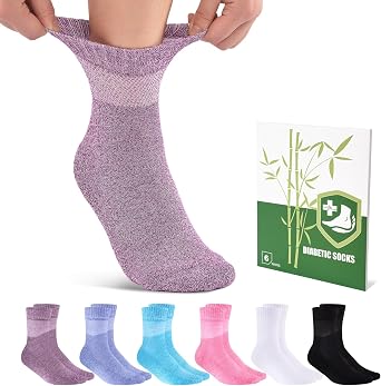 Cirorld Bamboo Viscose Diabetic Socks for Women, 6 Pairs Non Binding Wide Top, Seamless Loose Cushion Socks for Swollen Feet