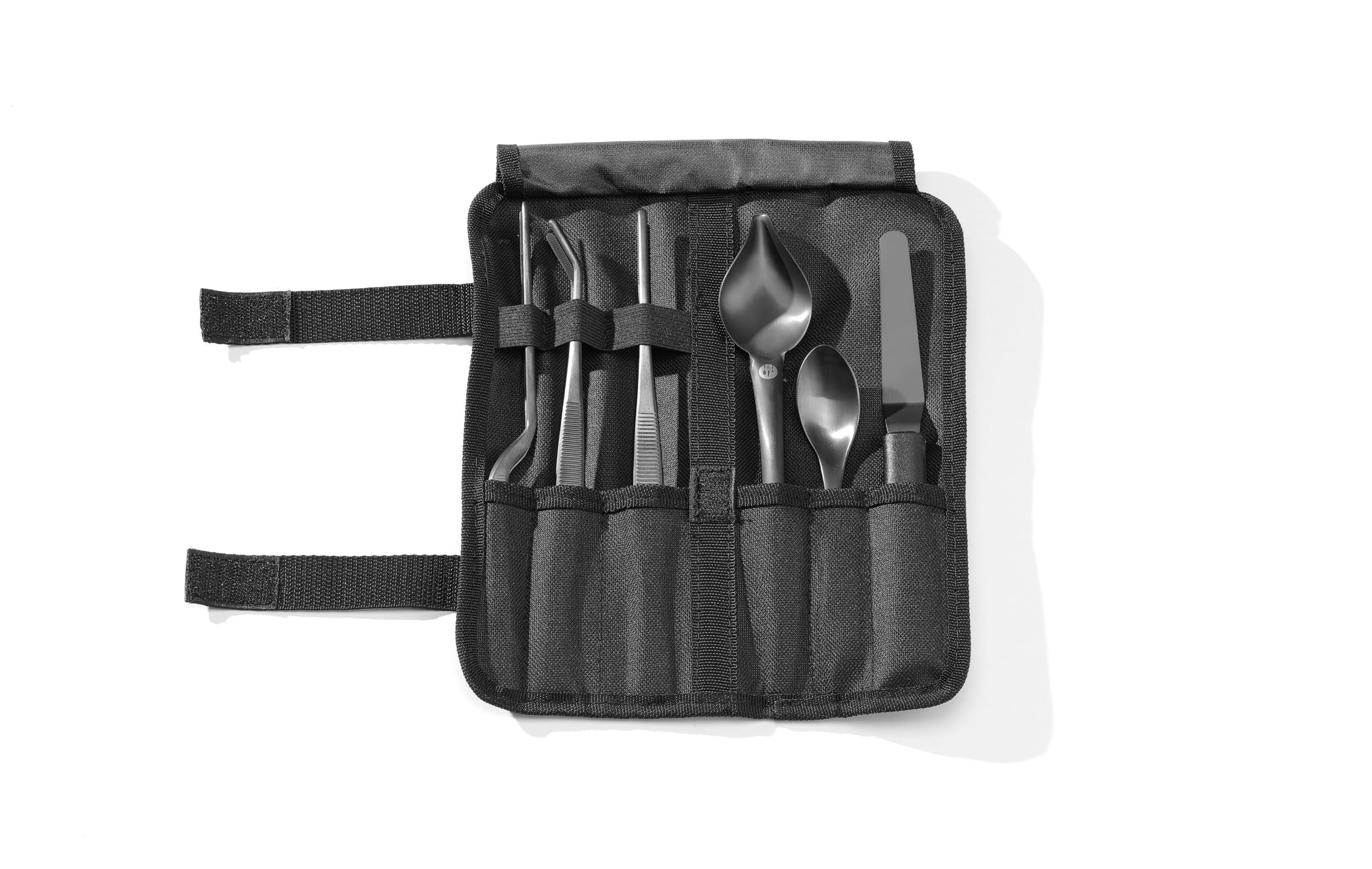 HENDI Anrichteset, 6 Stück: Pinzette-Löffel,-Spatel, inkl. Etui, Edelstahl, schwarz