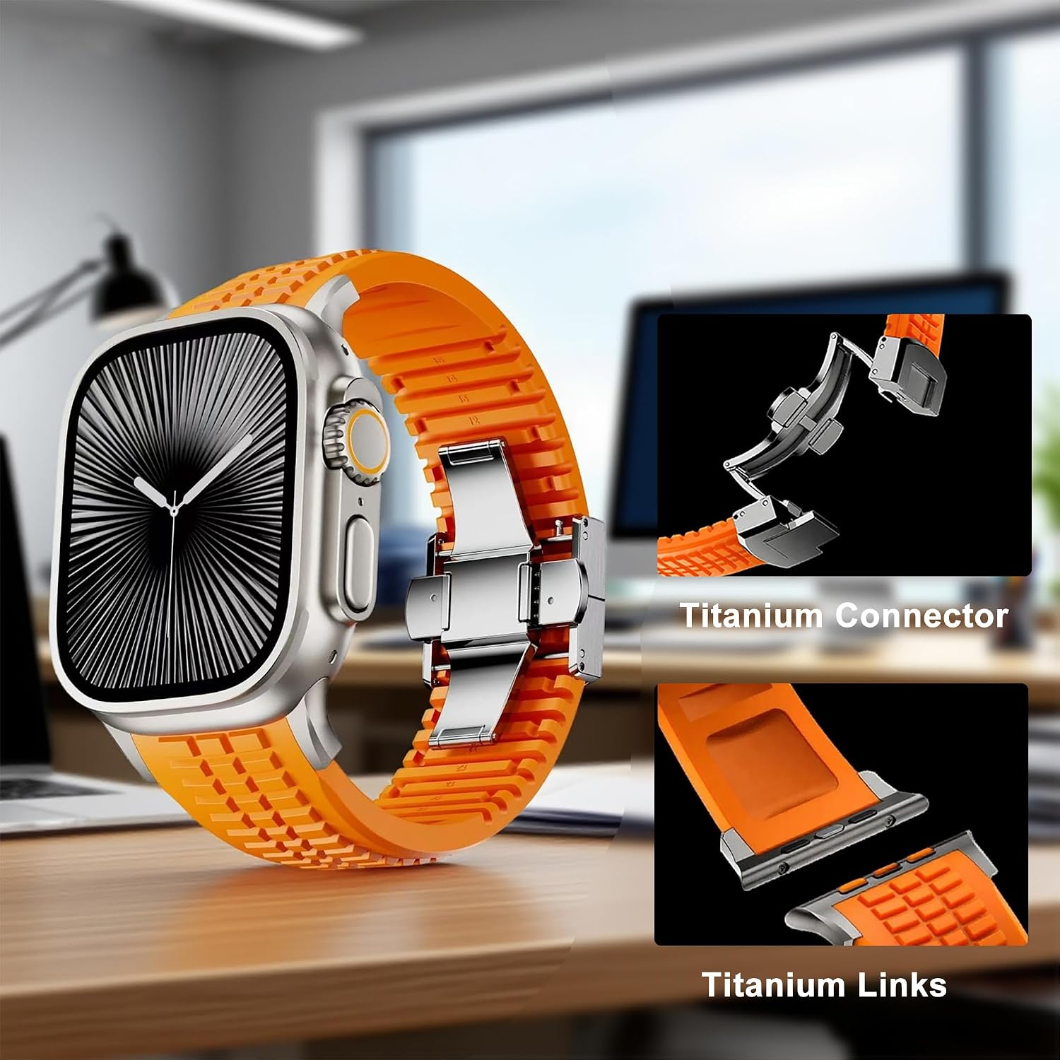 Silicone Band for Apple Watch Ultra 3/2 / Series 11 10 9 8 7 (44mm 45mm 46mm 49mm), Men Luxury Sport Strap with Metal Rugged Folding Clasp, Rugged Heavy Duty Modern Design for Men (Orange, 42/44/45/46/49mm) image 5