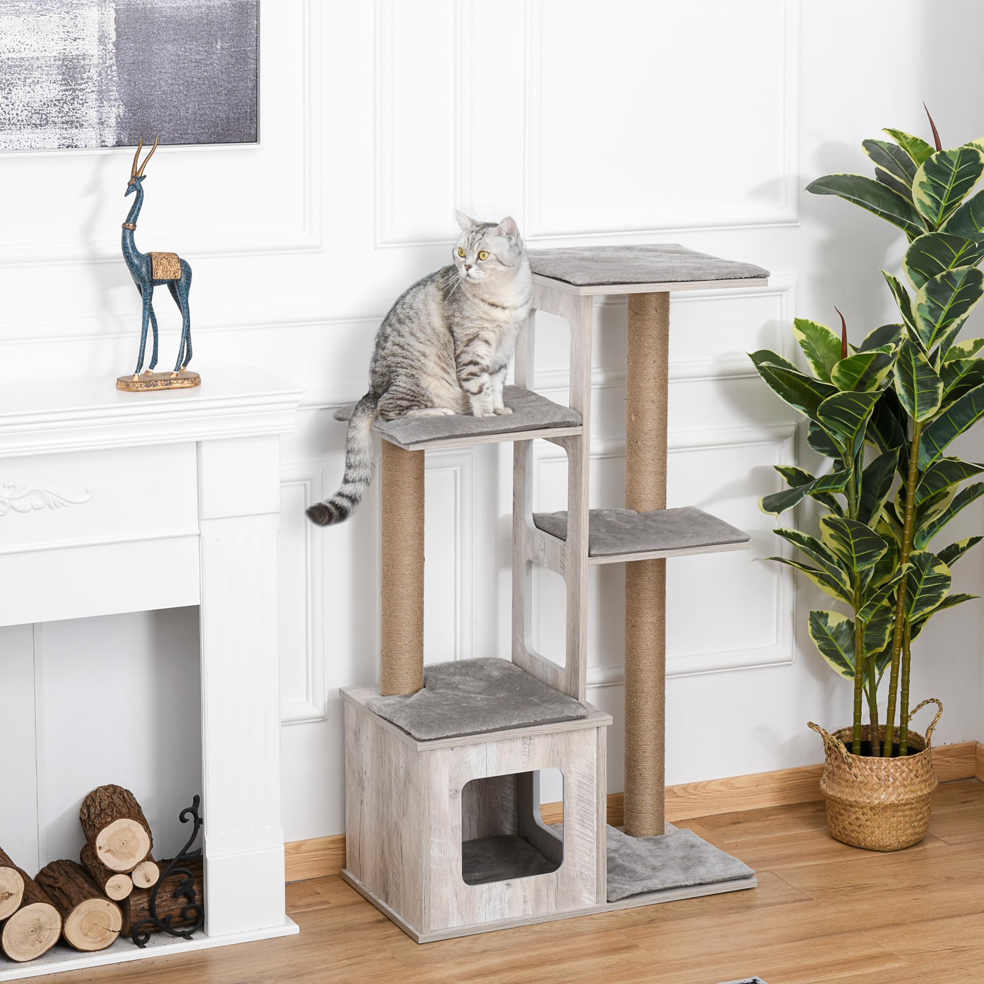 PawHut Albero Tiragraffi per Gatti Multi-livello con Cuccia e Corde in Iuta, 67x38.5x114 cm, Grigio