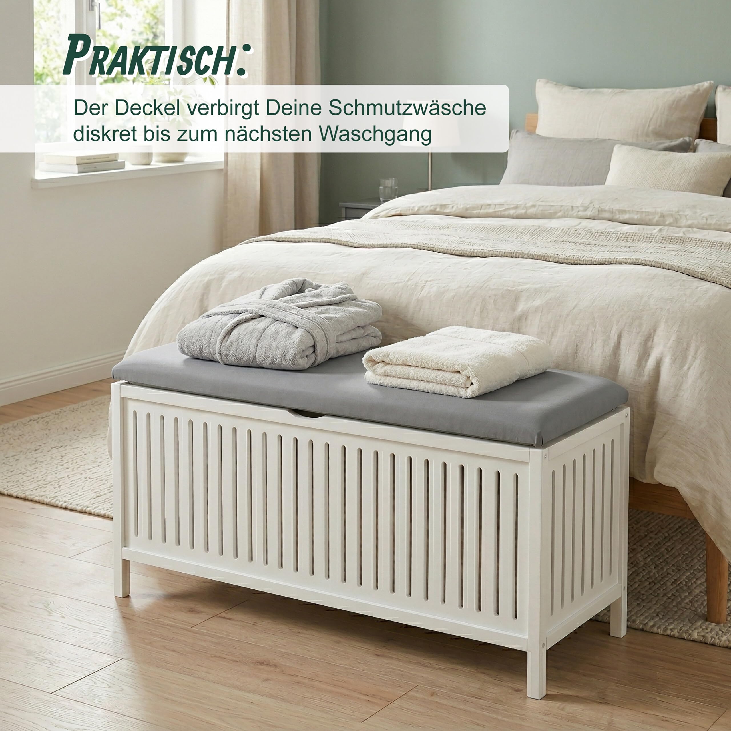 Relaxdays Wäschekorb zum Sitzen, Walnuss, gepolsterter Deckel, HBT: 50 x 100 x 38 cm, Badhocker mit Stauraum, weiß/grau