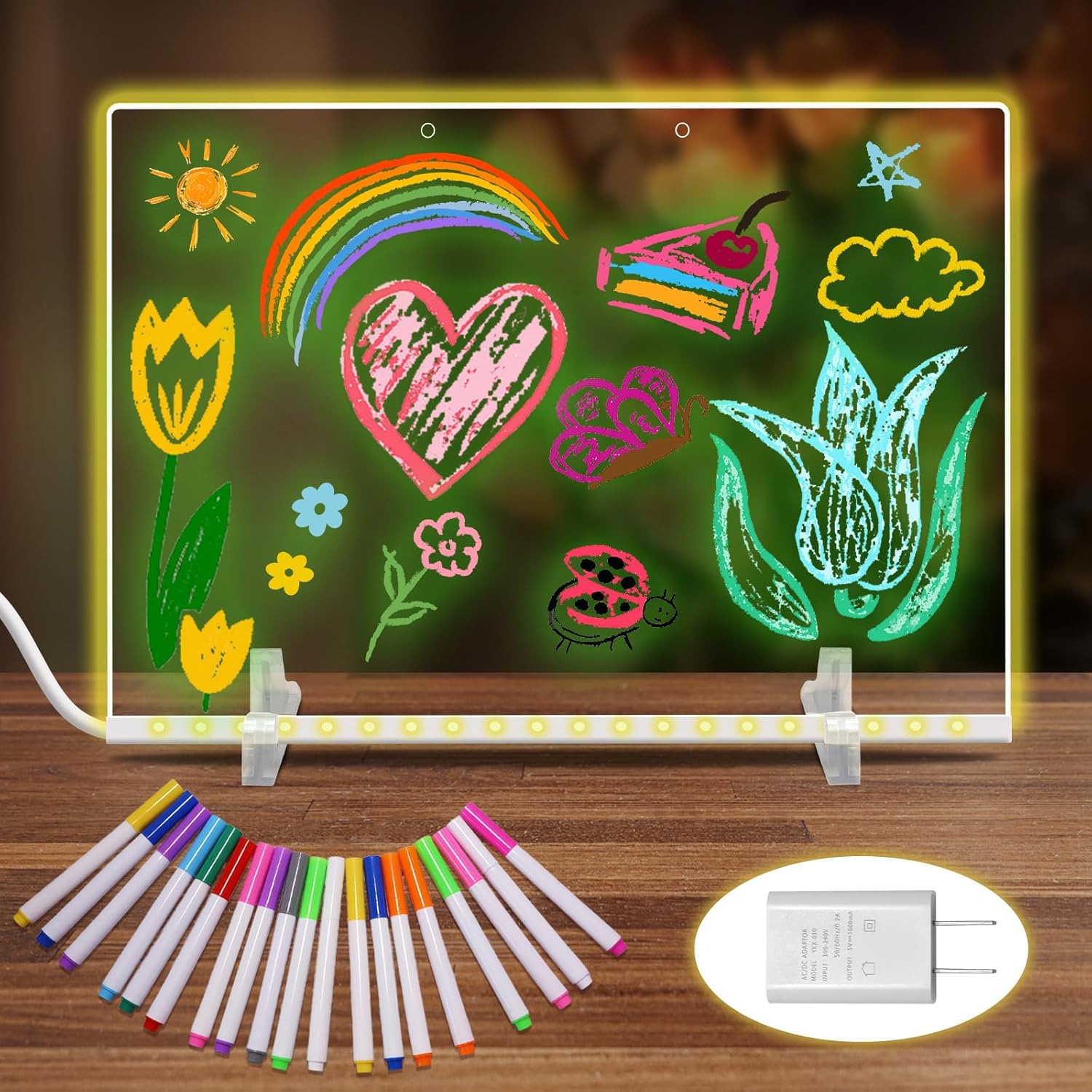 19 Highlighter,Led Note Board with Colors,11.8"X7.9",4 Modes & 7 Colors Lumiboard Led Drawing Board for Kids,Light Up Sign,Acrylic Dry Erase Board with Stand,Include Adapter,Hanging Chain,Spray Bottle