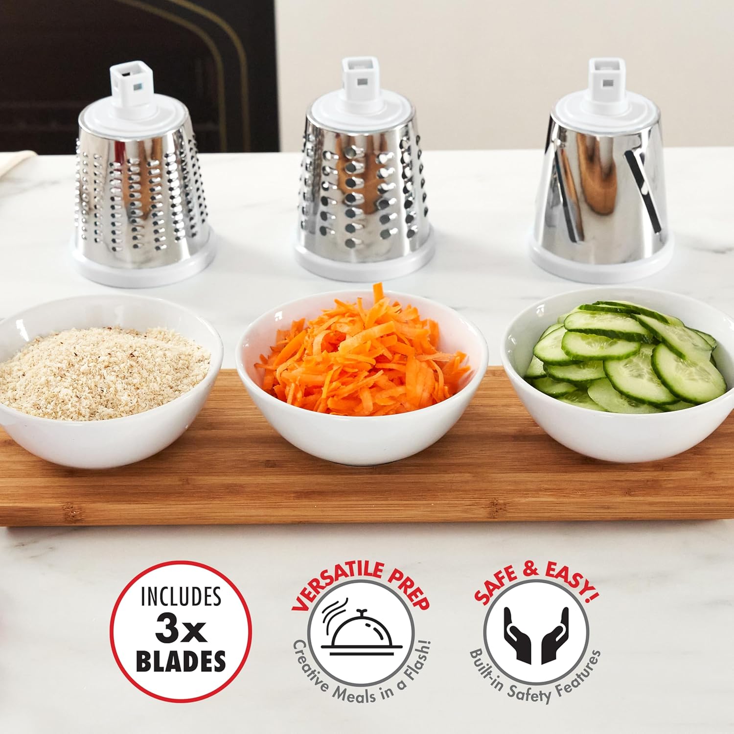 Three interchangeable blades for the Rota-Chef grater: slicing, fine grating, and coarse grating, alongside bowls of sliced cucumber, grated carrots, and ground nuts.
