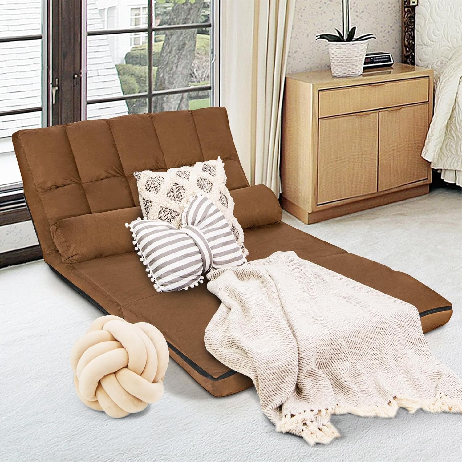 Moccha Folding Floor Sofa Bed, 6-Position Adjustable Lazy Sofa with 2 Pillows, Suede Cloth Cover, Convertible Gaming Sofa Recliner, Modern Chaise Lounge Floor Couch for Living Room, Bedroom, Brown