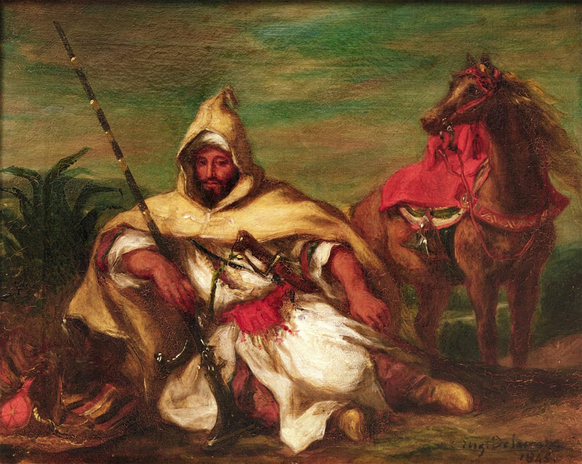 POSTERIIk Vintage Classic Picture Landscape Artwork Moroccan Soldier Sitting Near His Horse by Ferdinandeugene Delacroix Portrait Canvas Painting for Office Home Decor 60x90cm
