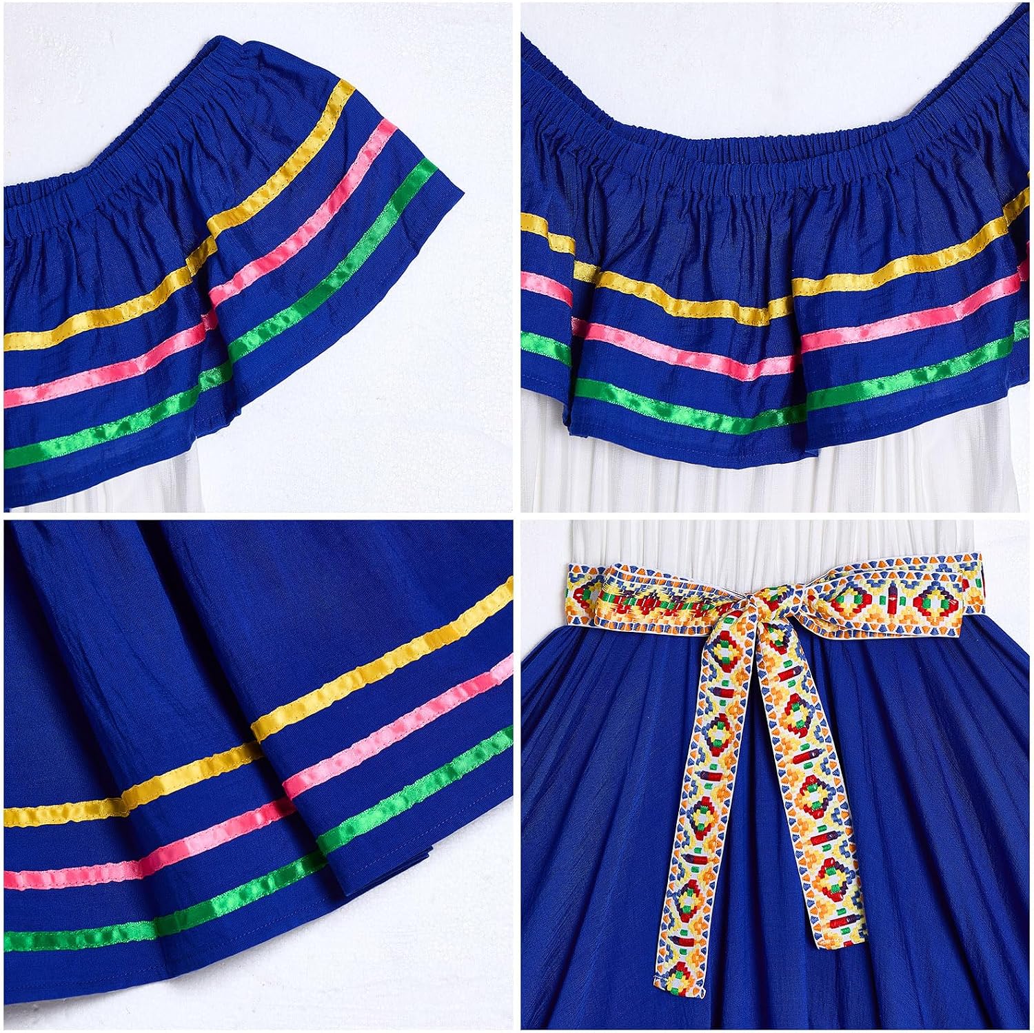 ABEHIK Women Mexican Dress Traditional Off Shoulder Folk Ruffle Drape Dresses with Belt Cinco De Mayo Fiesta Party Outfit