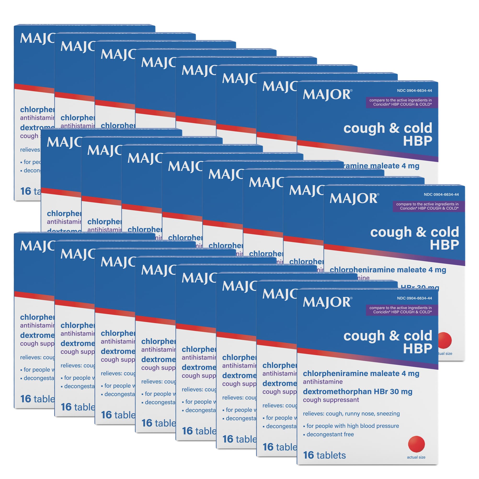 MAJOR Cough and Cold HBP Tablets, Decongestant Free, 16 Count, (24-Pack)