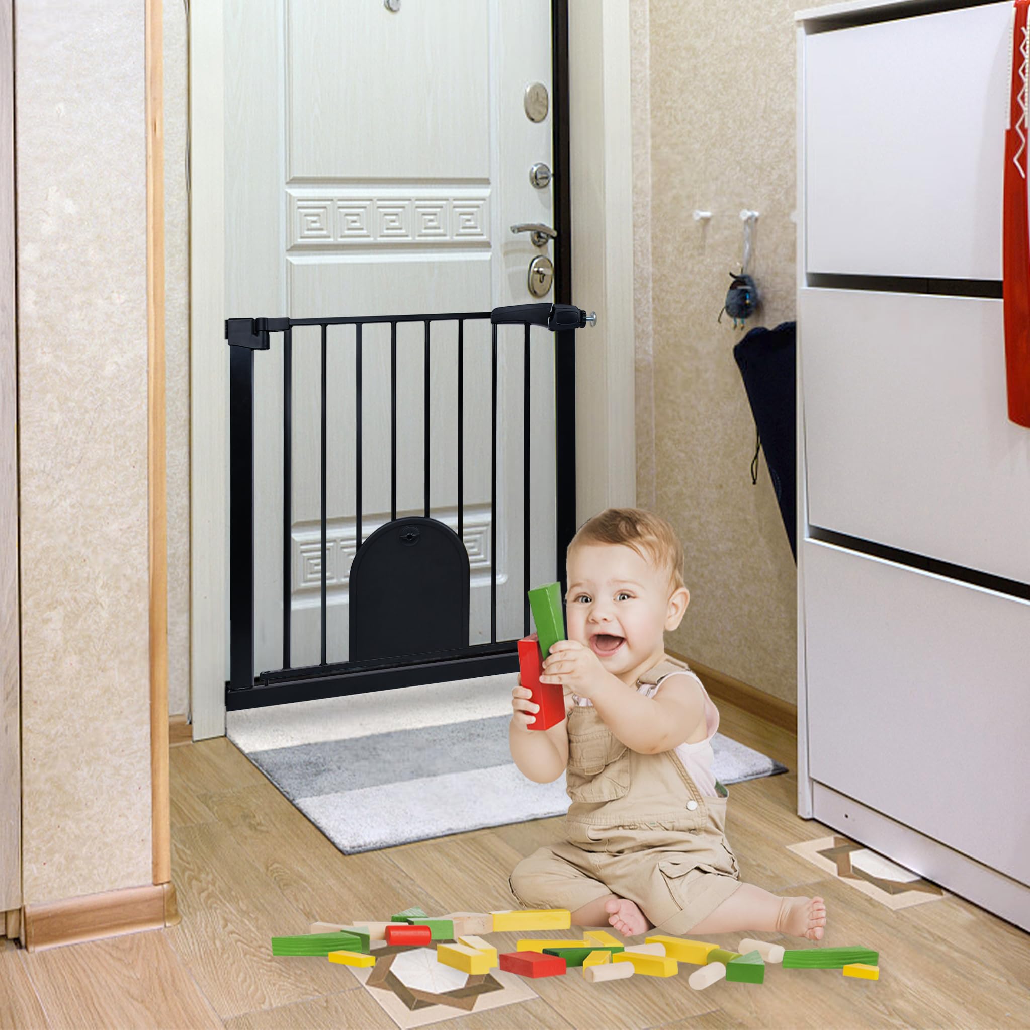 Aufun Treppenschutzgitter Türschutzgitter Kinder ohne Bohren, für 75-85 cm breit, Türgitter mit Druckbefestigung, selbstschließend, Metall Gitter, Hundesicherheitsgitter mit Katzenklappe (Schwarz)