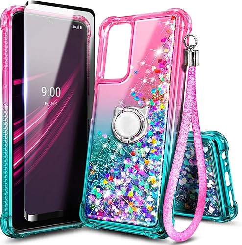 NZND Funda compatible con T-Mobile Revvl V Plus 5G con protector de pantalla de vidrio templado (cobertura máxima), soporte de anillocorrea de