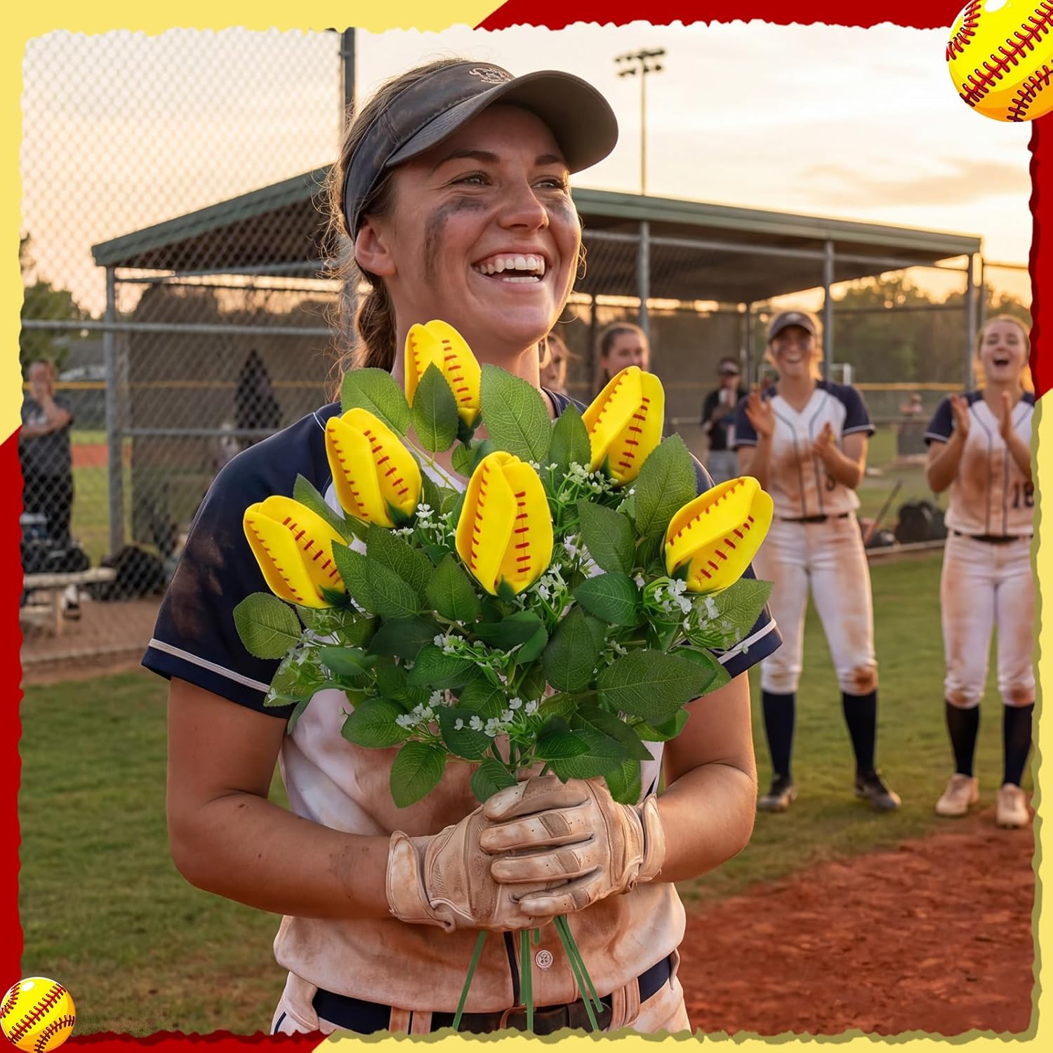 12 Pcs Baseball Softball Rose Bulk Artificial Flower Decorations Leather Rose Boutonniere for Girl Coach Team Player Fans Sports Theme Party(Yellow,Softball) Yellow Softball