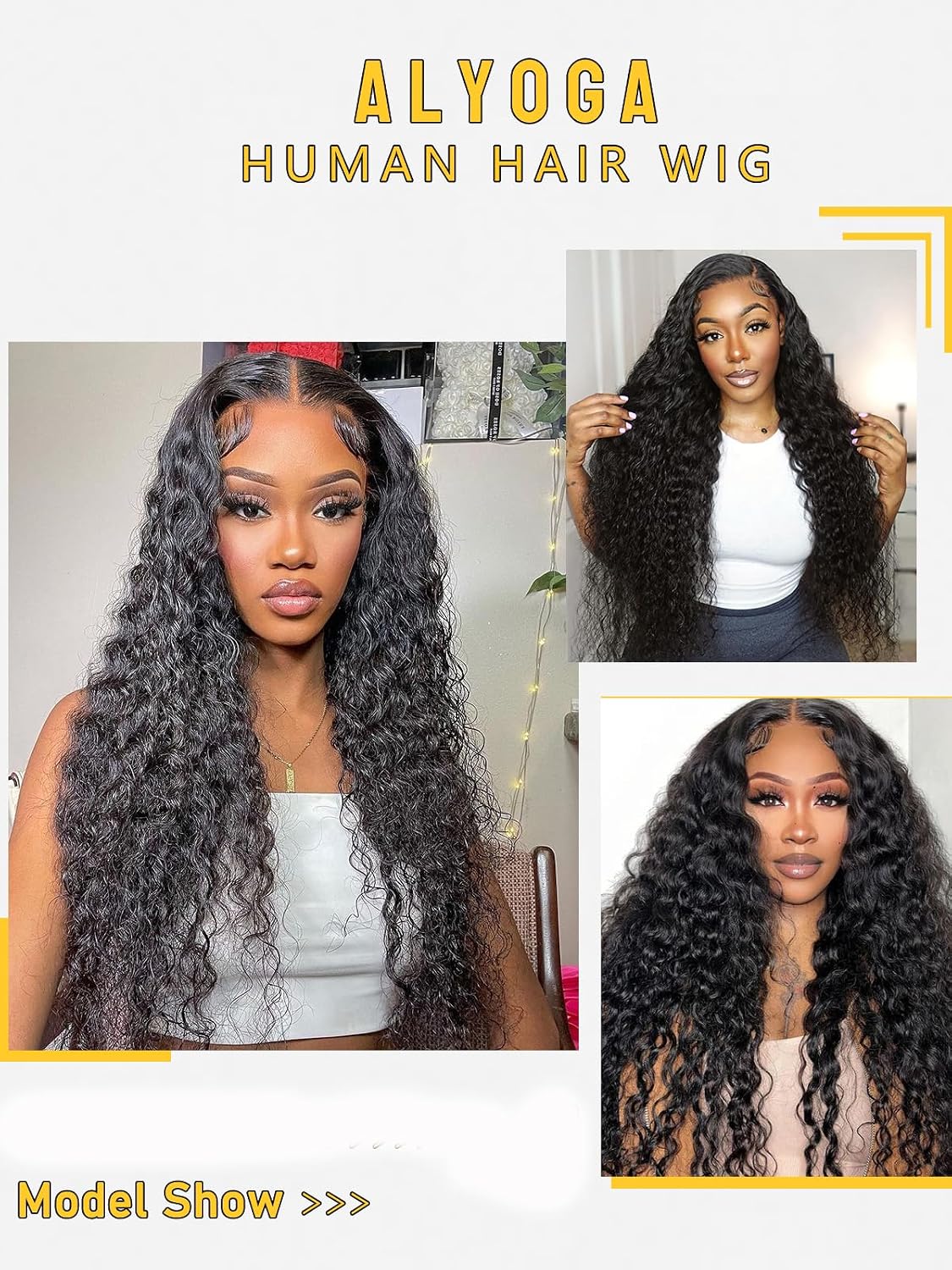 ALYOGA Water Wave Wig 13X6 Lace Front Wigs Human Hair 180% Density 24inch | Virgin Remy Brazilian HD Lace Frontal Wig for Black Women Pre Plucked Hairline with Baby Hair Natural Black Daily Wear Party