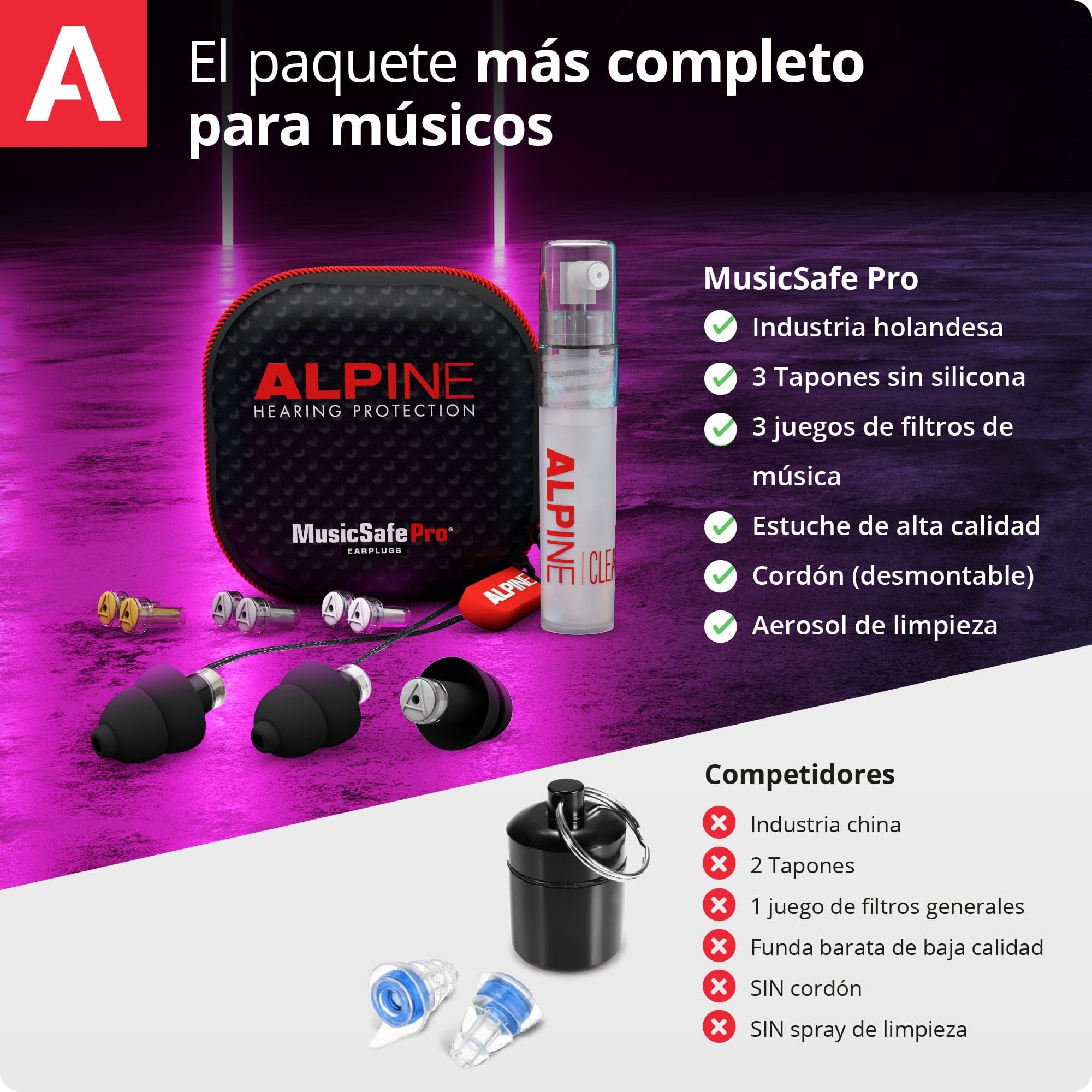 Alpine MusicSafe Pro Tapones de Alta Fidelidad para Conciertos y Reducción de Ruido - Protección Auditiva para Músicos Profesionales y DJs - 3 juegos de filtros hipoalergénicos - Negro