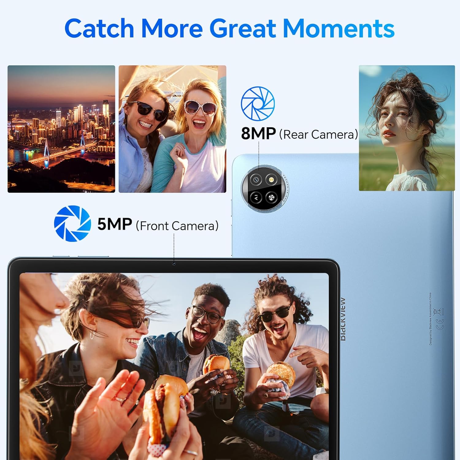Images showing the 8MP rear camera and 5MP front camera in use