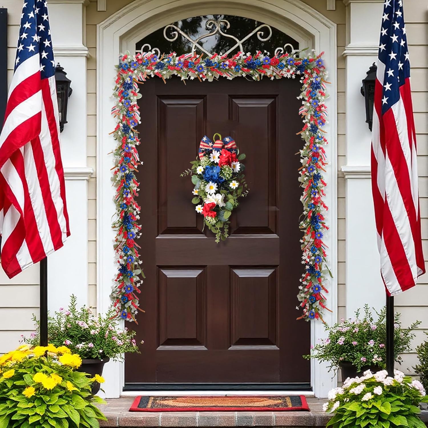 4th of July Red White Blue Flowers Lamb Ear Leaves Garland for Doors, 5.9ft Patriotic Artificial Flower Home Decor Garland for Indoor Outdoor, Independence Decoration for Home