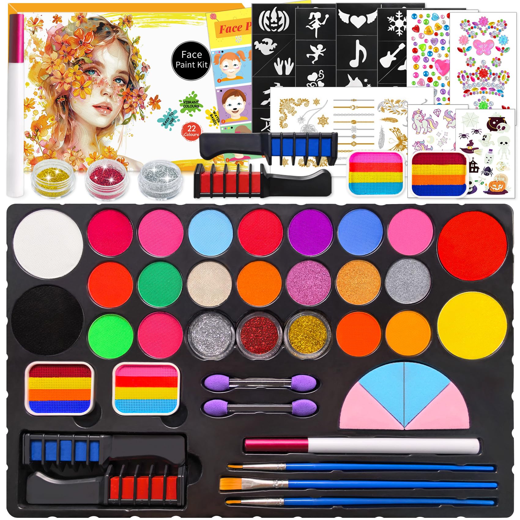 Mekkyes Truccabimbi Kit - 22 Colori Trucco Viso Bambini con 4 Colori Grandi e Adesivo per Tatuaggi, Truccabimbi kit Anallergici Atossici Body Painting per Halloween Carnevale Cosplay Natale