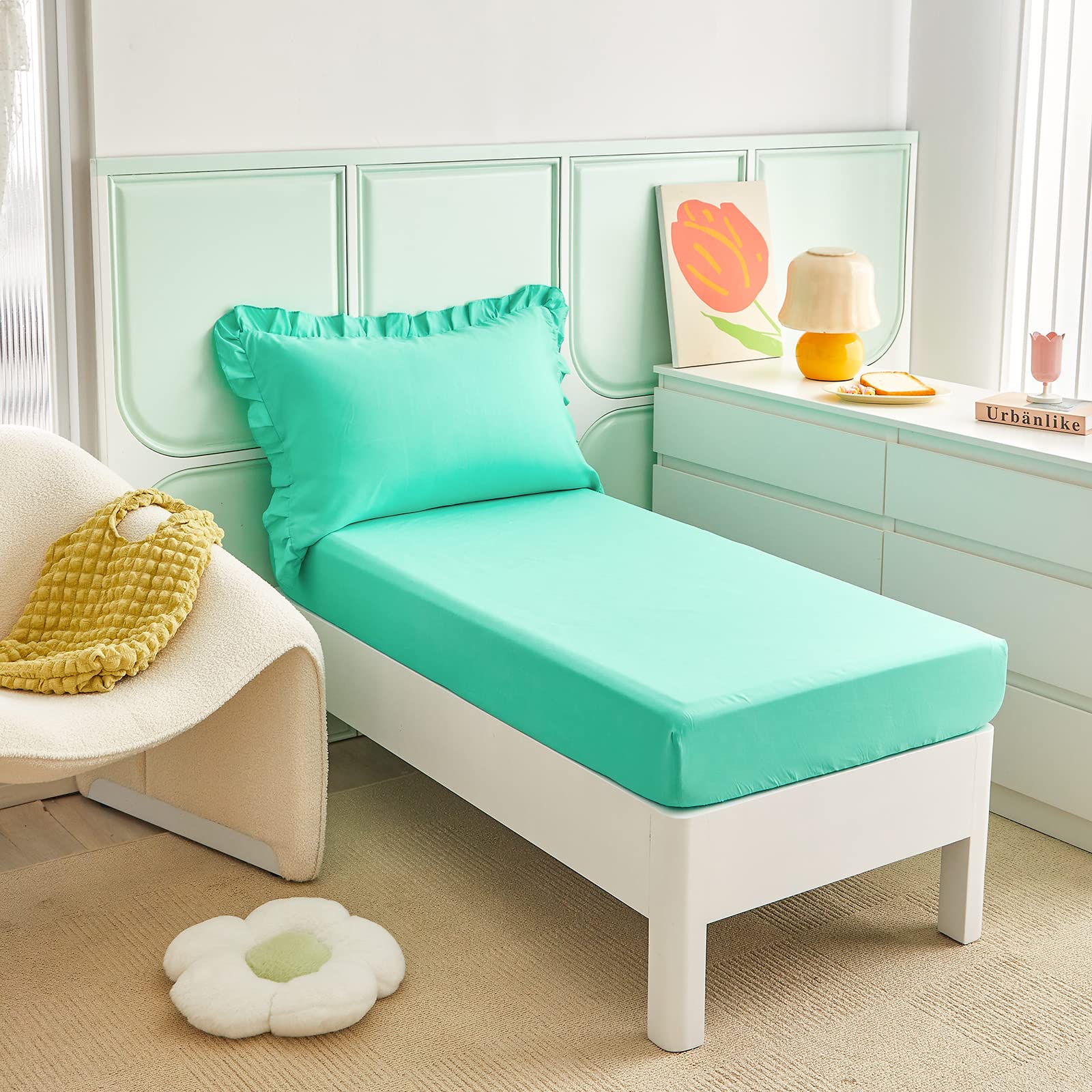 Juego de ropa de cama de 4 piezas para niños pequeños, color verde azulado, con flecos de volantes, color liso, 1 edredón para niños pequeños, 1 sábana bajera, 1 sábana encimera y 1 funda de almohada