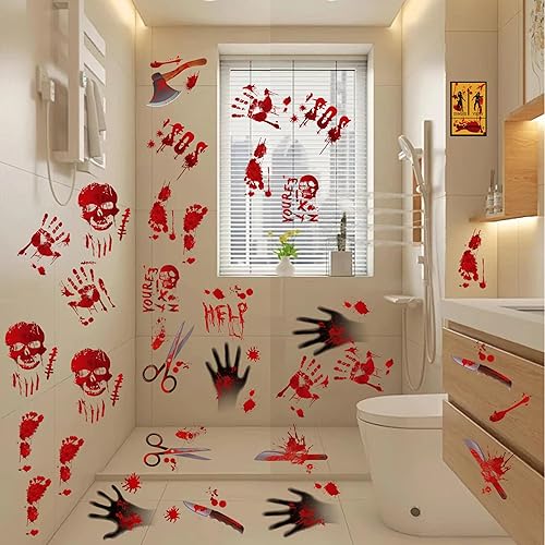 Miniatura 2 de Decoraciones de Halloween, 8 hojas de huellas de manos sangrientas, calcomanías espeluznantes para ventana, calcomanías de tatuaje, espejo de pared