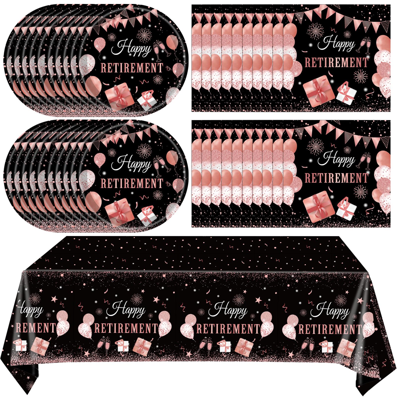 41Pcs Pink Retirement Party Decorations, Happy Retirement Party Supplies Includes 20 Plates, 20 Napkins and 1 Tablecloth, Rose Gold Disposable Dinnerware for Women Men Retirement Party Tableware