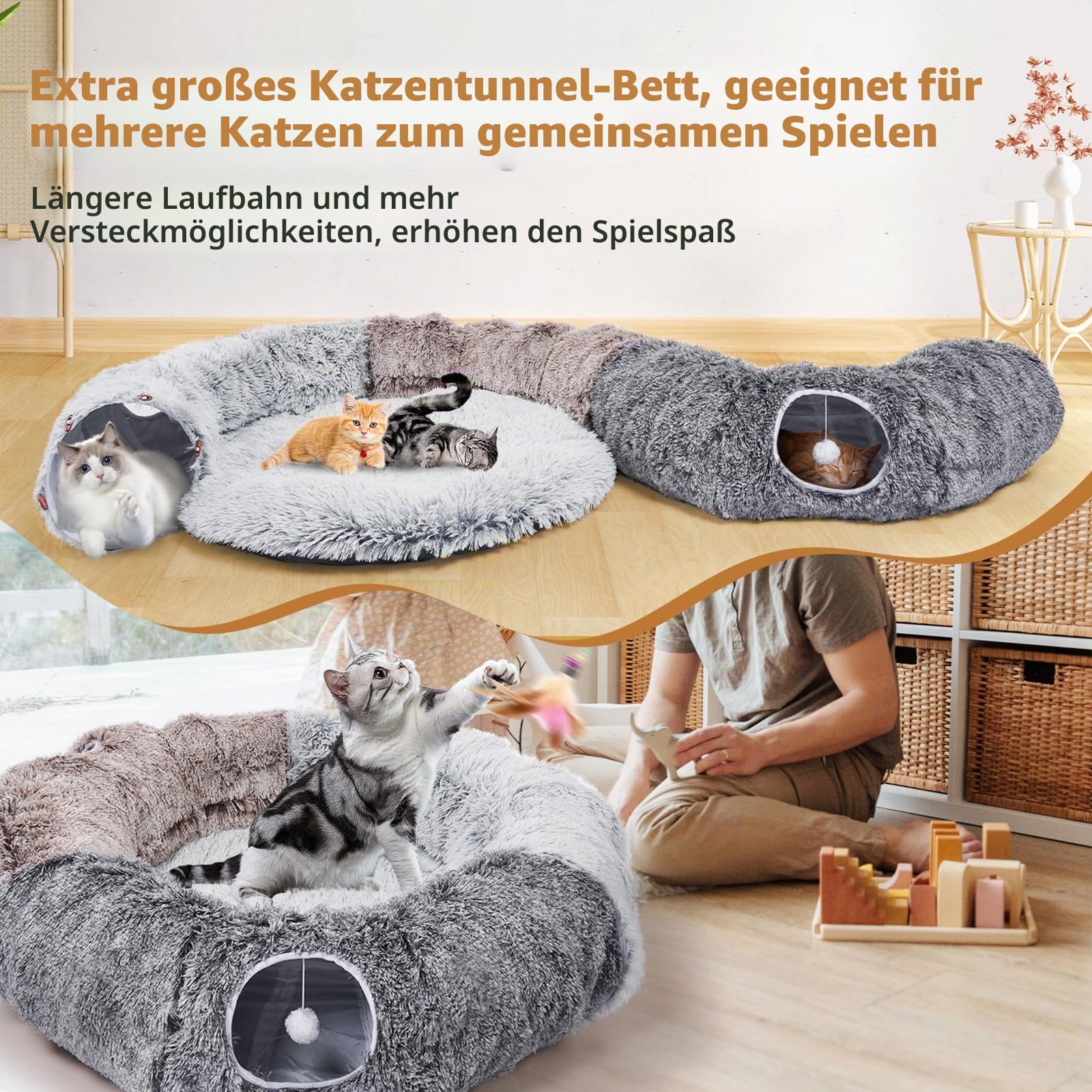 Odoland Katzentunnel XXL Katzenbett Faltbarer Pet Play Tunnel Interaktives Katzenspielzeug Spieltunel mit Ball Rascheltunnel für Indoor Kätzchen Welpen Kaninchen