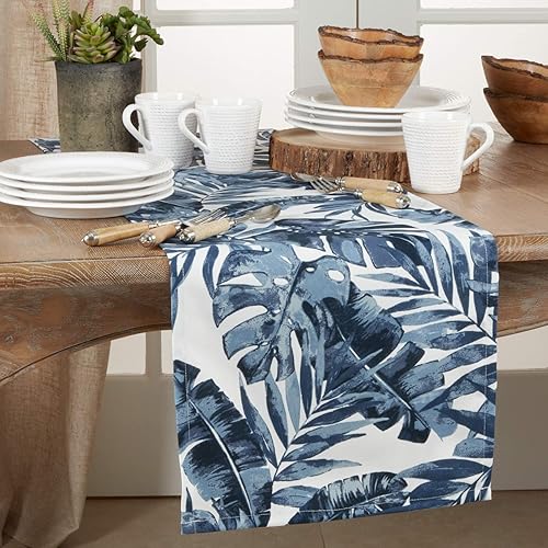 Miniatura 3 de Fennco Styles Camino de mesa vibrante con diseño de hojas tropicales de 16 x 72 pulgadas, mantel azul marino para el hogar, comedor, banquetes,