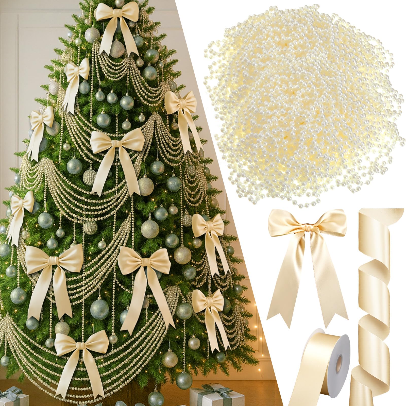 Chuangdi Lot de 2 rubans en satin champagne pour sapin de Noël, 29,9 m, perles blanches, 34,1 m et 5,9 cm pour loisirs créatifs, sapin de Noël, nœud, couronne, emballage cadeau, décoration de fête