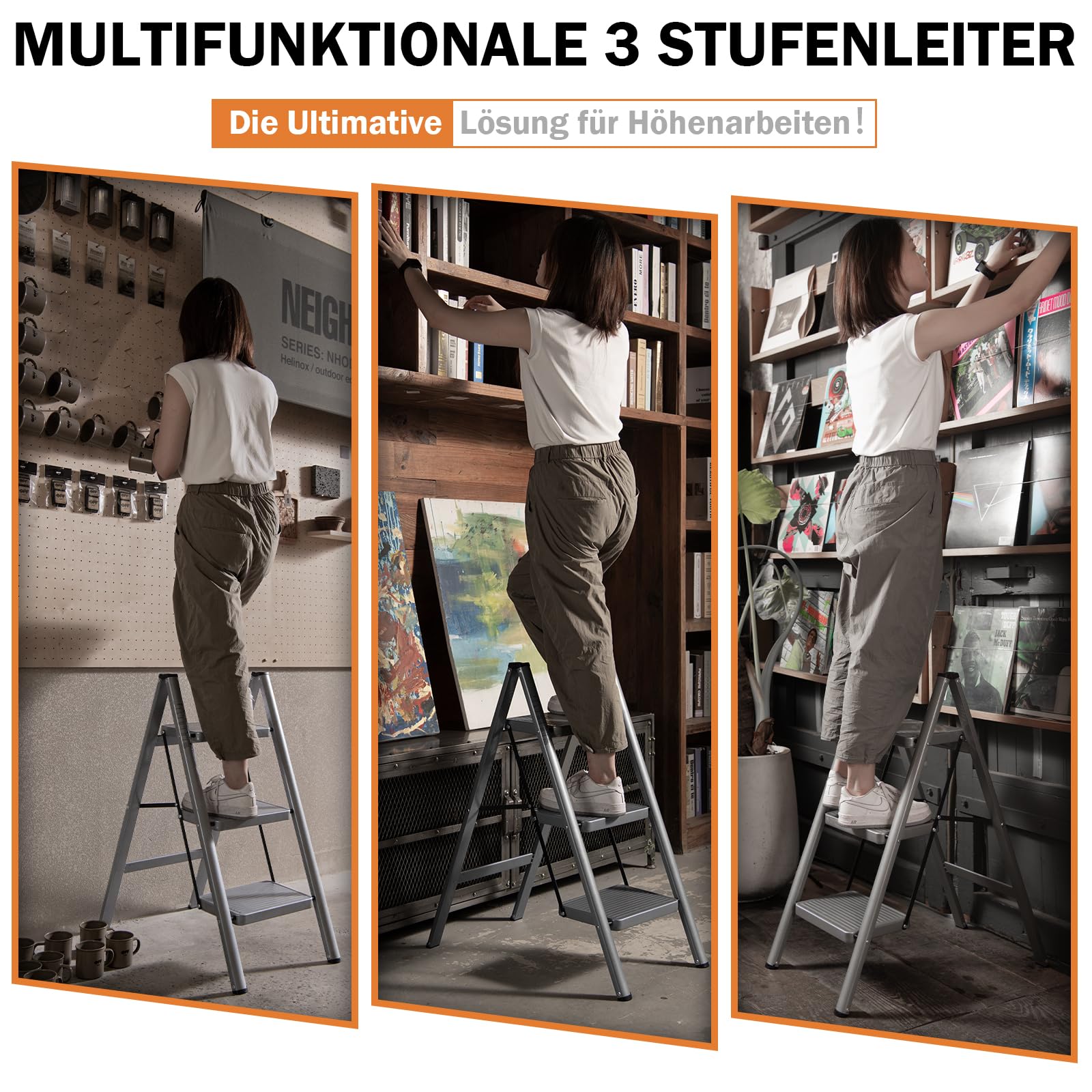 XinSunho Leiter 3 Stufen, Trittleiter Klappbar, Leichte Klappleiter mit Breitem Anti-Rutsch Stufen, Tritthocker 3 Stufen Belastbar bis 150 kg, Tragbare Stehleiter Für Haushalt, Silbergrau