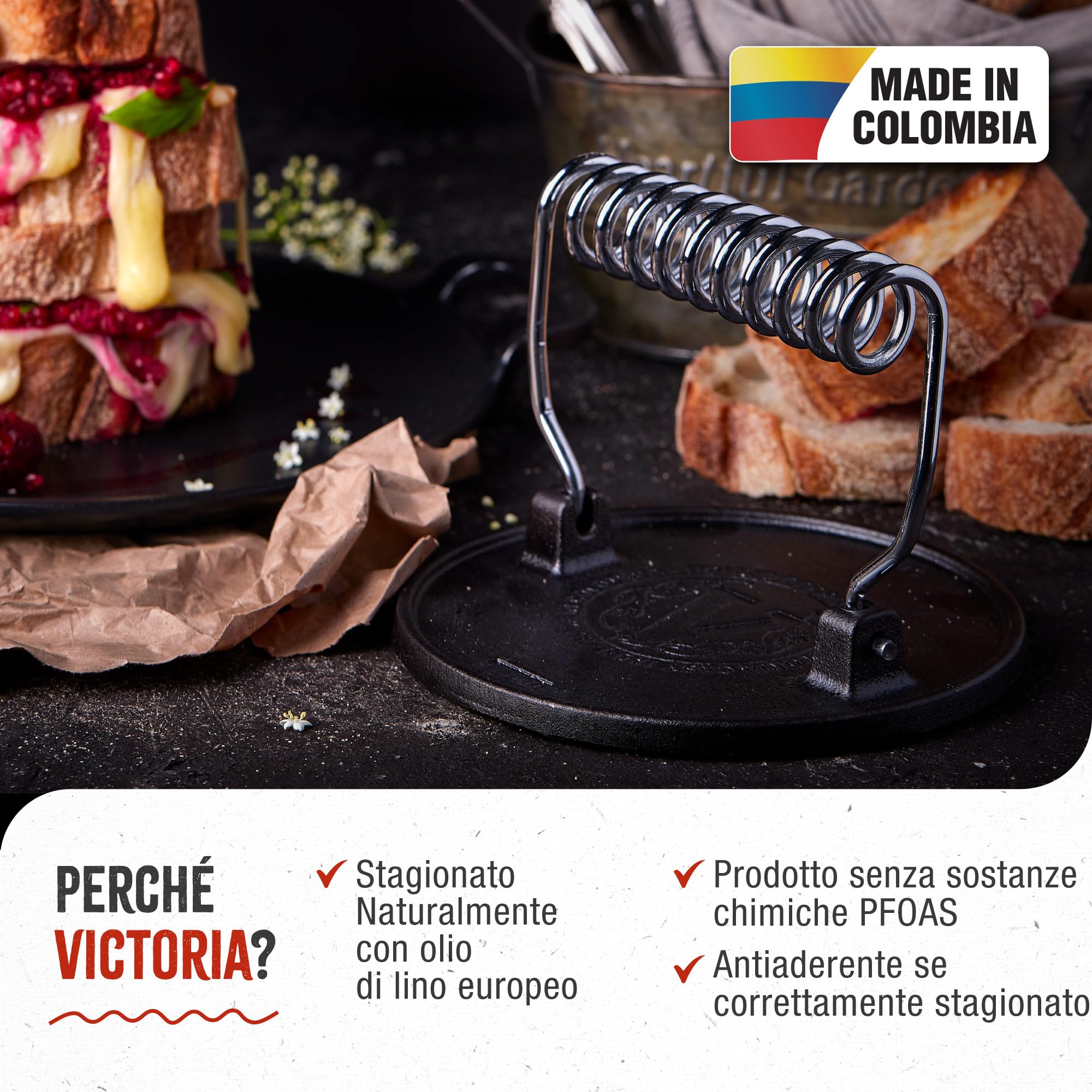 VICTORIA Smash Burger Press, Pressa per Hamburger in Ghisa Stagionata 16,5 cm per Carne da Barbecue, Manico Resistente al Calore, Senza PTFE