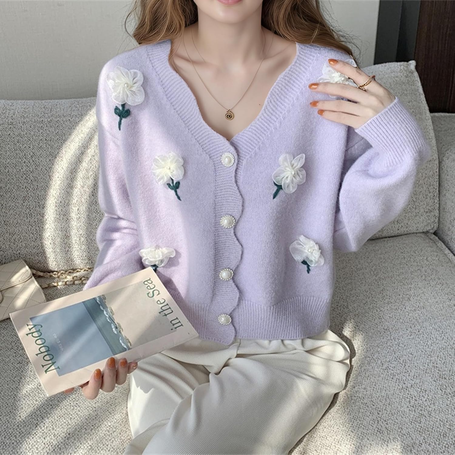 FindThy Women’s 3D Flower Embroidered Cardigan Long Sleeve V Neck Kawaii Cardigan Sweaters