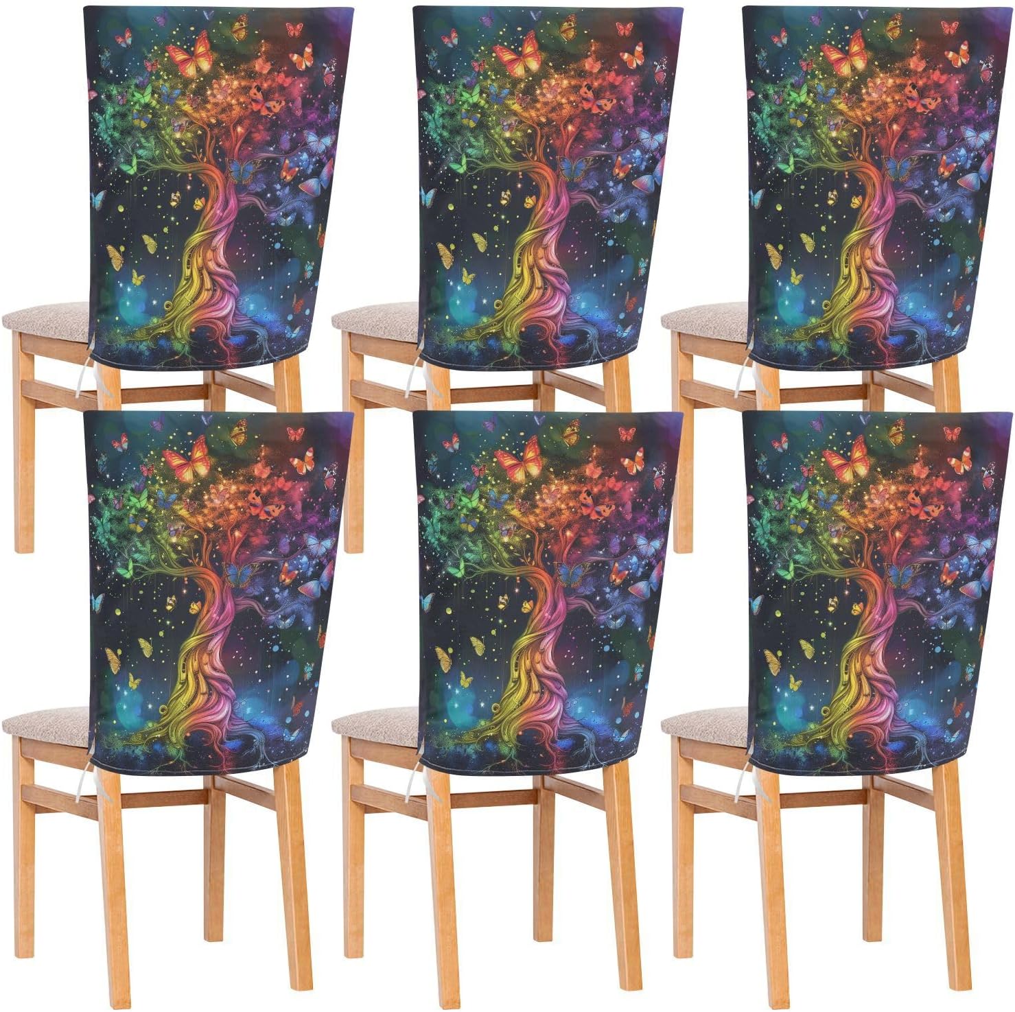 ALAZA Rainbow Butterflies Flying Under The Tree Chair Back Cover Set of 6, Washable Reusable Removable Chair Slipcovers Decorative Chair Cover for Home Kitchen Wedding Party
