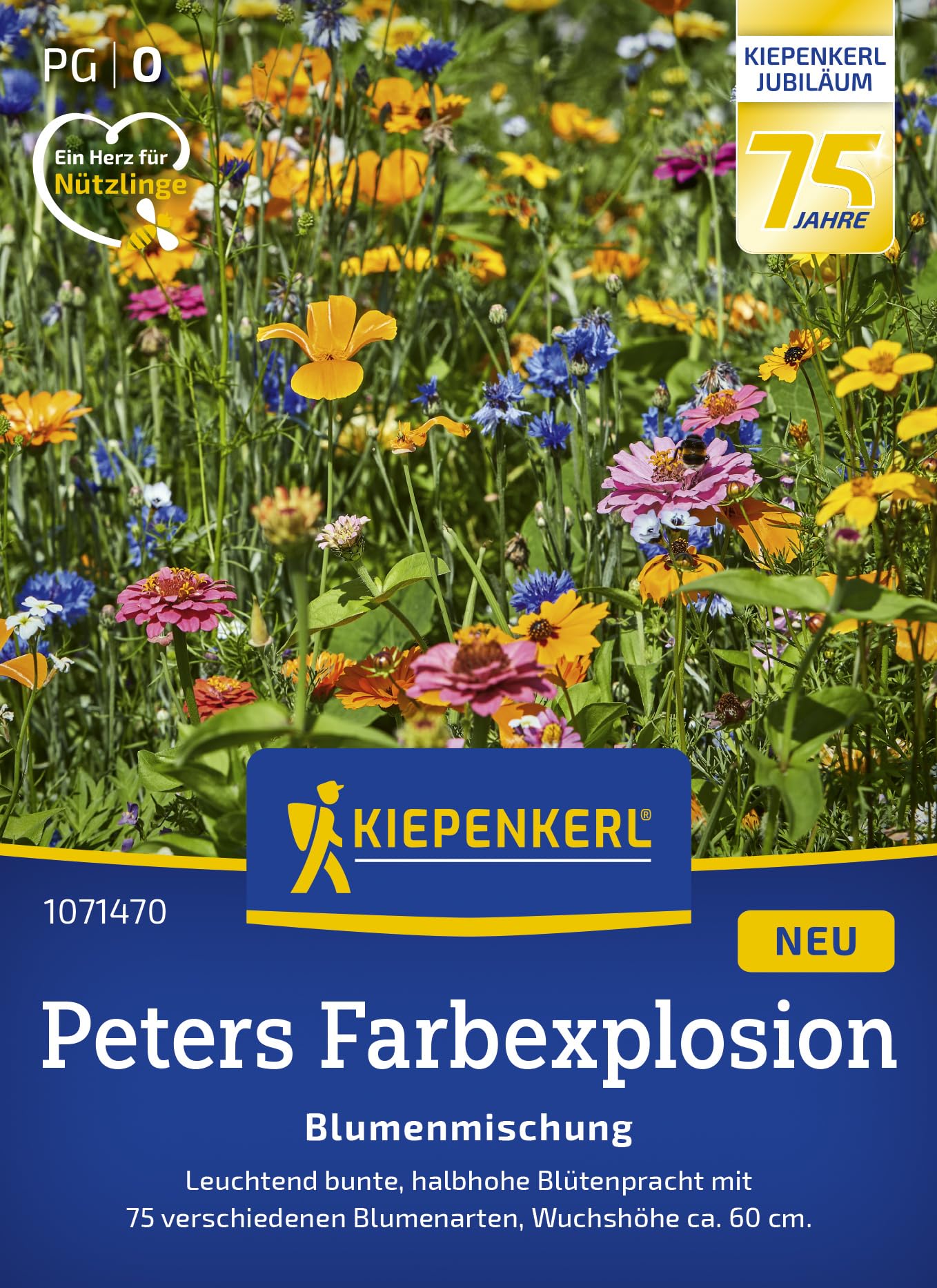 Kiepenkerl Blumenmischung Peters Farbexplosion 1071470 – 75 Sommerblumenarten für bunte Blütenvielfalt – Einjährige Mischung, insektenfreundlich & pflegeleicht, ca. 60 cm Wuchshöhe