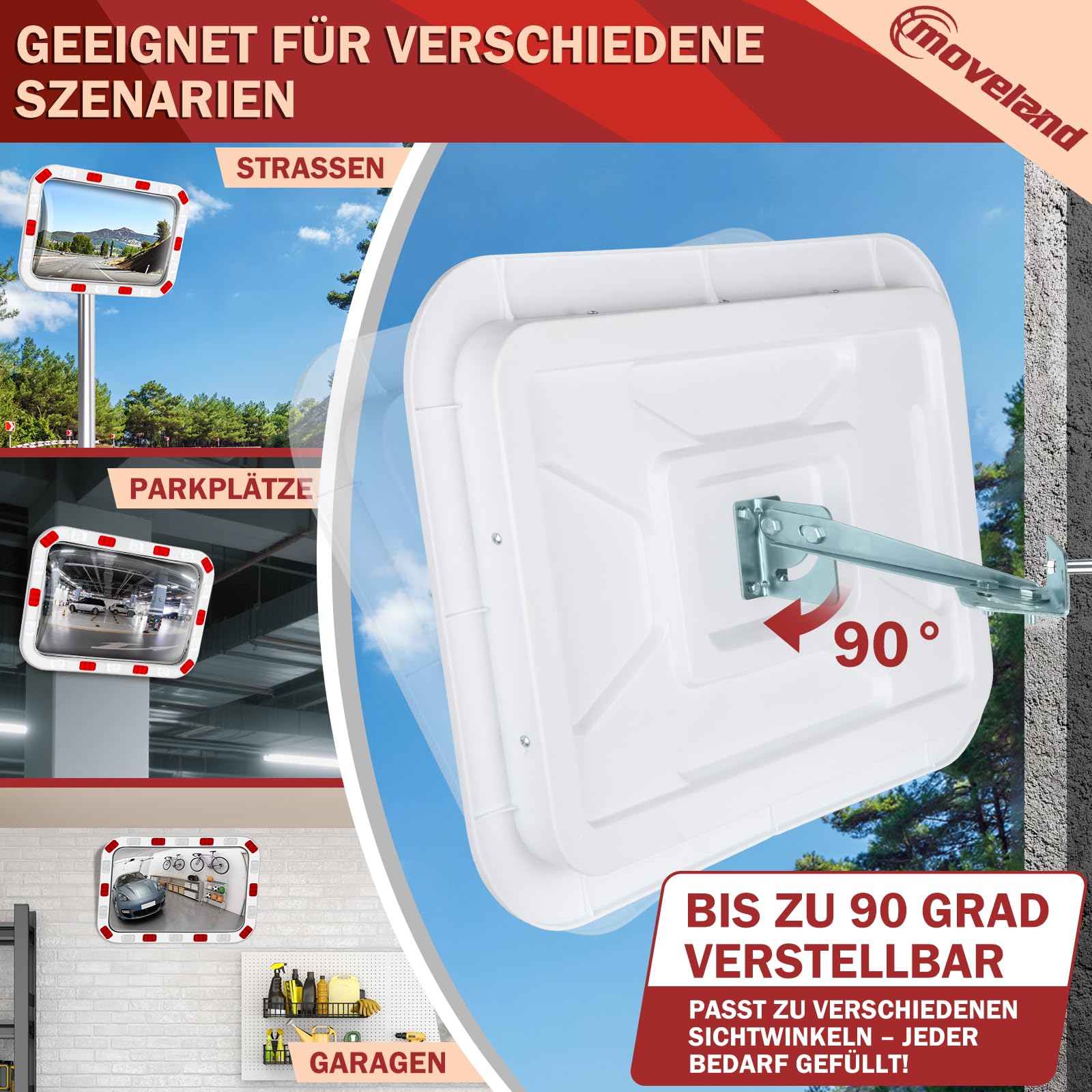 moveland Verkehrsspiegel Rechteckig 40x60 cm – Professioneller Acryl-straßenspiegel mit Verstellbarer Halterung, Einfache Montage, Weitem Blickwinkel für Verkehr, Straßen, Garage (Innen & Außen)
