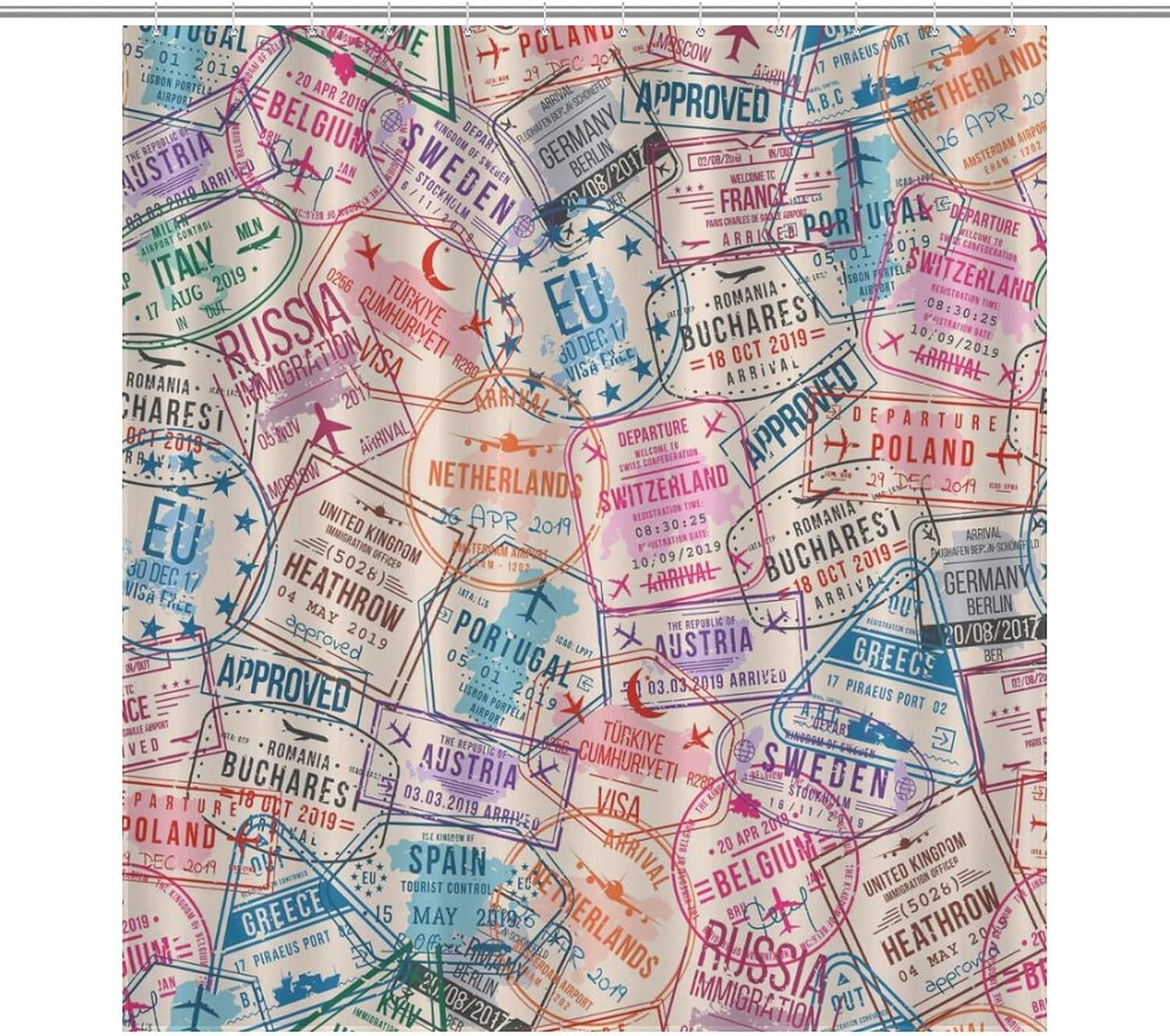 Colorful Postmark Shower Curtains, Stamp Seal Travel Retro Tourist Passport Certificate Pattern Print Decor Bath Drapes Set with Hooks, Waterproof Fabric Windows Treatment for Bathroom, 66x72in