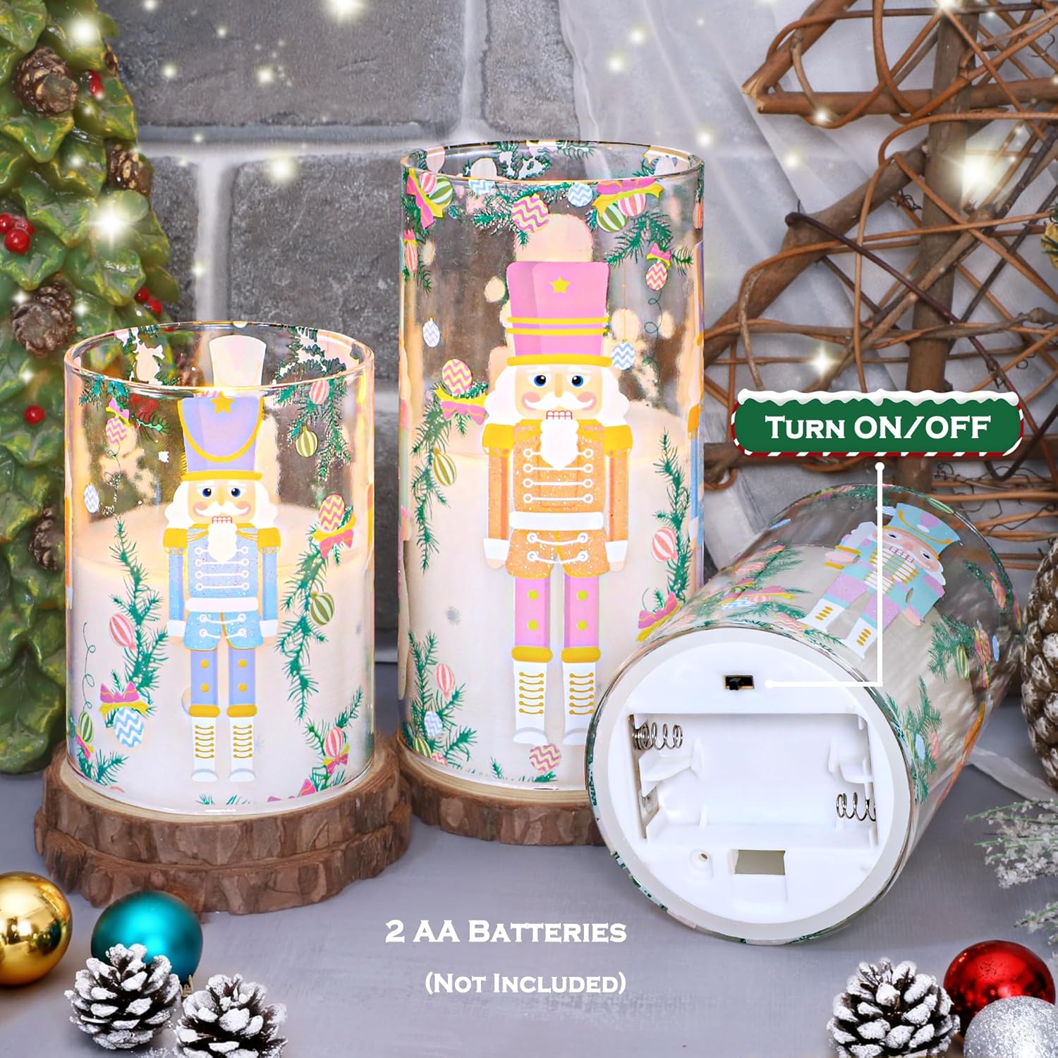 Flameless Candles with Remote, Christmas Nutcracker Candy-Colored Glass LED Pillar Candles, Battery Operated Flickering Flameless Candles for Holiday Decor, Xmas Tree Decorations
