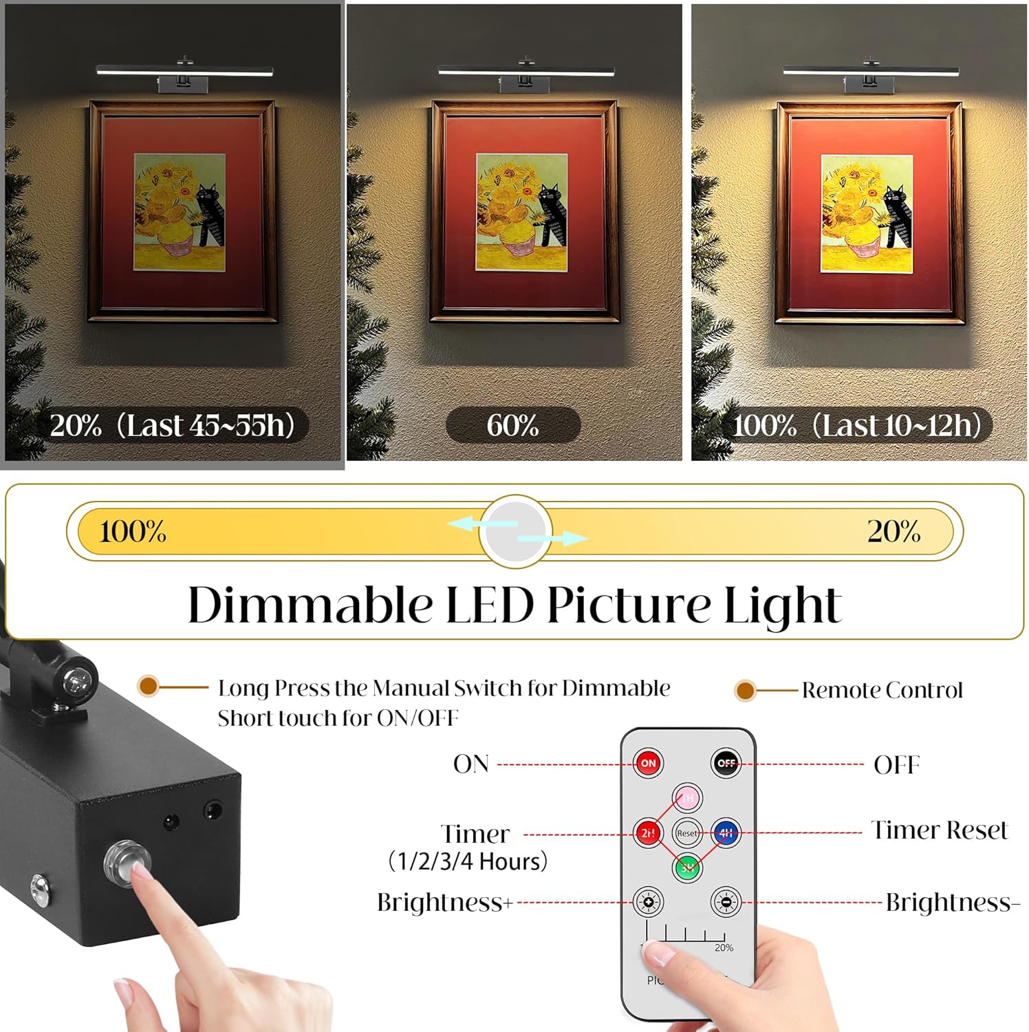 4 Pack Battery Picture Lights, 5200mAh Rechargeable Picture Lights with Remote Timer & Dimmable, CRI95+ 16" Adjustable Art Light for Paintings Display, Frame, Gallery, Wall Art Accent Light, Black