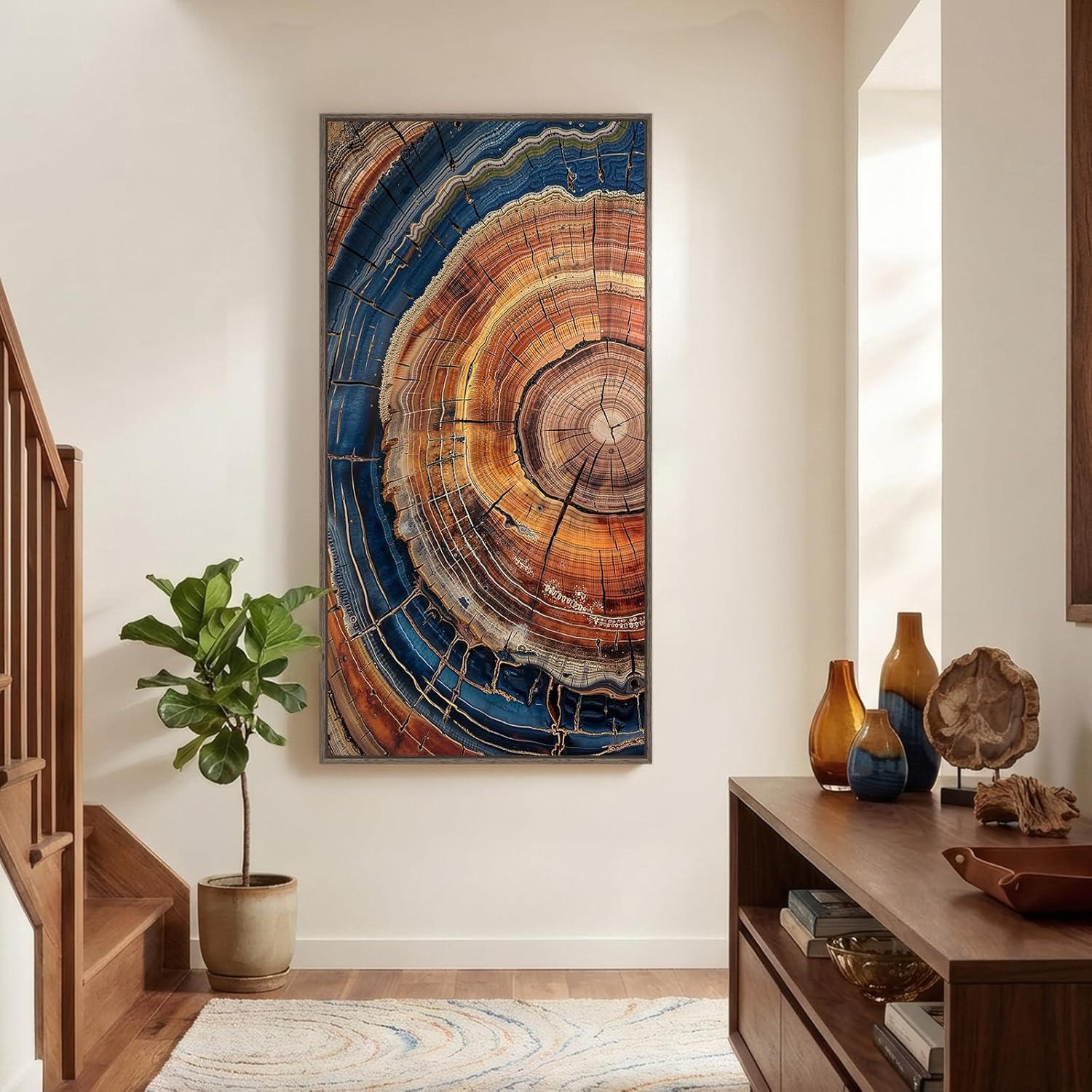 Extra Large Framed Vertical Tree Ring Wall Art for Living Room, Vintage Rustic Colorful Wood Stump Canvas Artwork for Walls, Nature Farmhouse Modern Wall Decor for Bedroom Hallway Office, 30x60 Inch