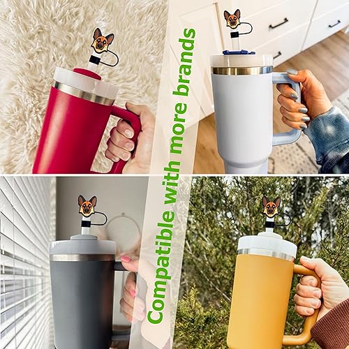 Miniatura 6 de Funda para popote para perro, accesorios lindos, juego de 2 fundas de popote de pastor alemán para vasos de 0.394 in, tapas de popote duraderas y