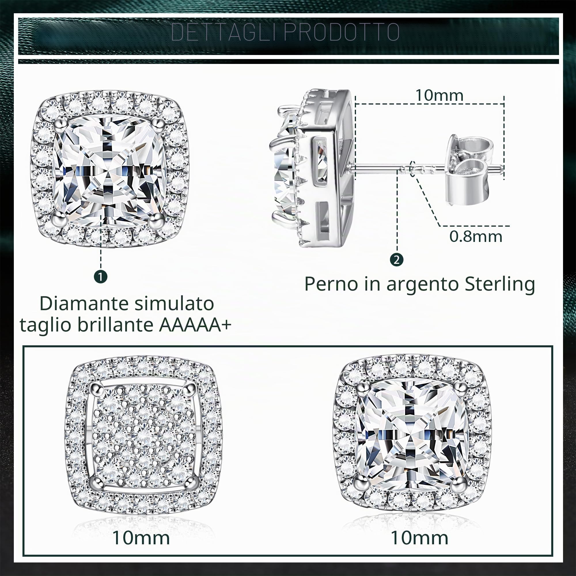 Dochais 2 Paia di orecchini donna uomo argento 925 Placcato Oro 14K orecchini diamante anallergici zirconi cubici rotondi quadrati imitazione diamante per donna uomo