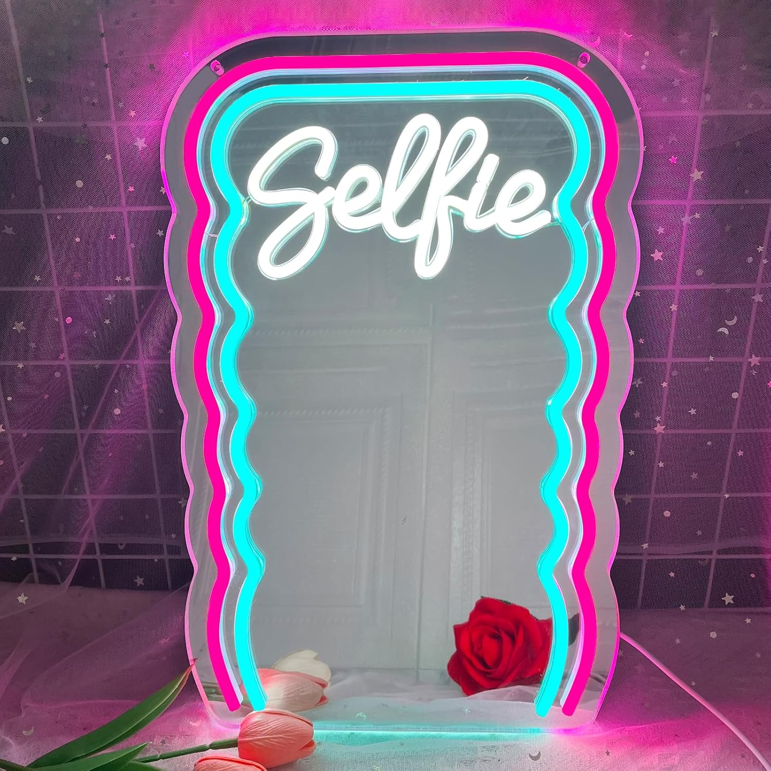 Wavy Neon Mirror Sign Dimmable Selfie Mirror Led Neon Signs for Wall Backdrop Decor Wave Neon Light Up Sign for Girls Bedroom Makeup Room Birthday Party Wedding Presents Studio