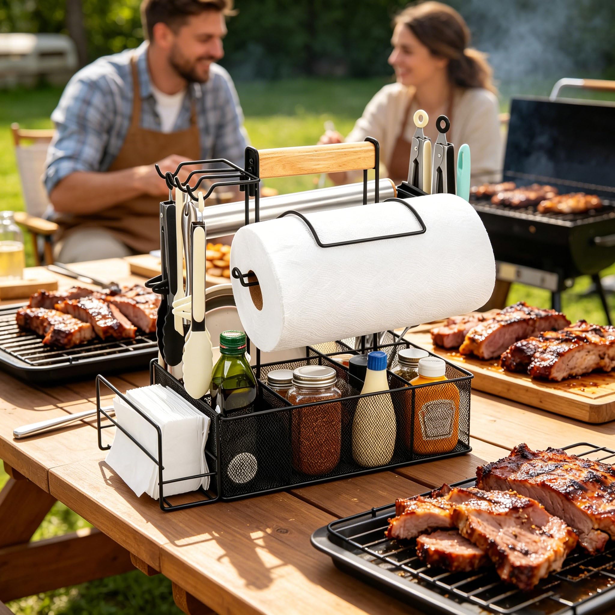 Robusto portautensili per Barbecue in Metallo con 6 sezioni e Ganci per riporre Attrezzature da Cucina all ' Aperto Rastrelliera per condimenti per Barbecue con Ganci