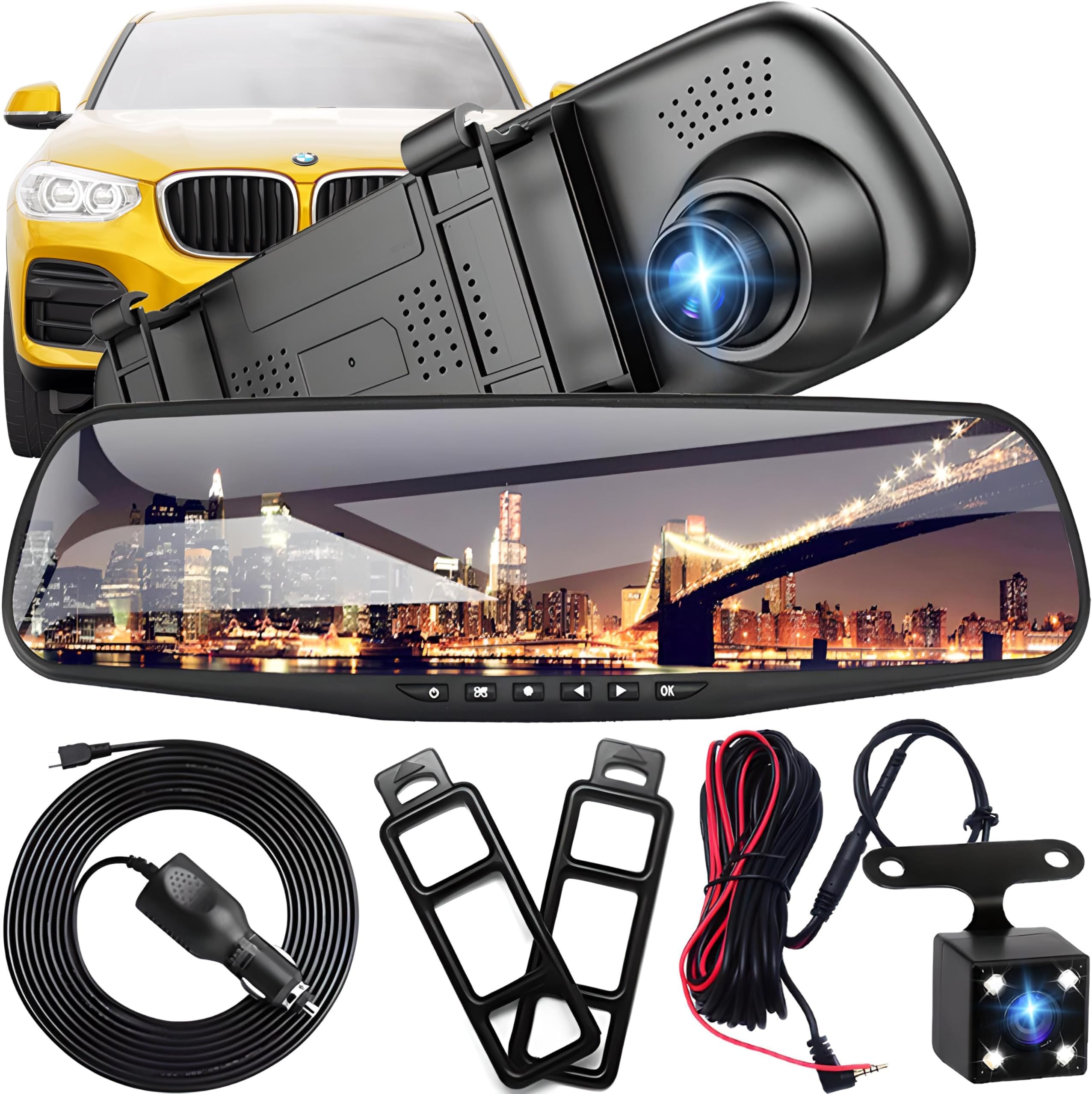 CAMECHO Spiegel-dashcam met achteruitrijcamera, 9,66 inch scherm, Full HD, 4K, dubbele dashcamspiegel, voor en achter, super nachtzicht met loop-opname, G-sensor, GPS, ADAS, BSD