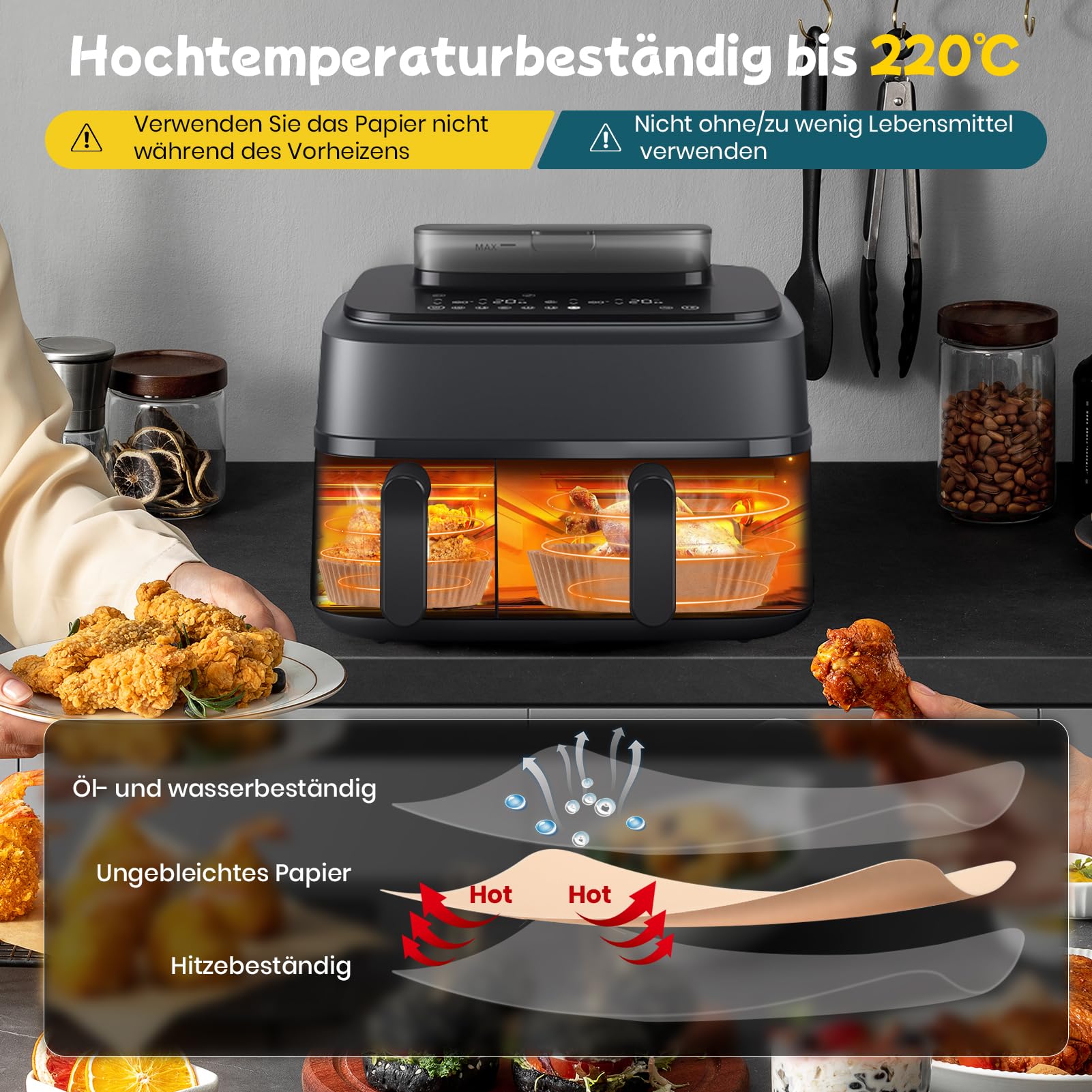 300 Stück Airfryer Backpapier für Philips Dual Basket Airfryer 3000 Series 9L(6L/3L), 5000 Series 9L(6L/3L), Backpapier für Heißluftfritteuse Philips NA350/00 NA550/00, Cookwise 2 kammern 9L(3L&6L)