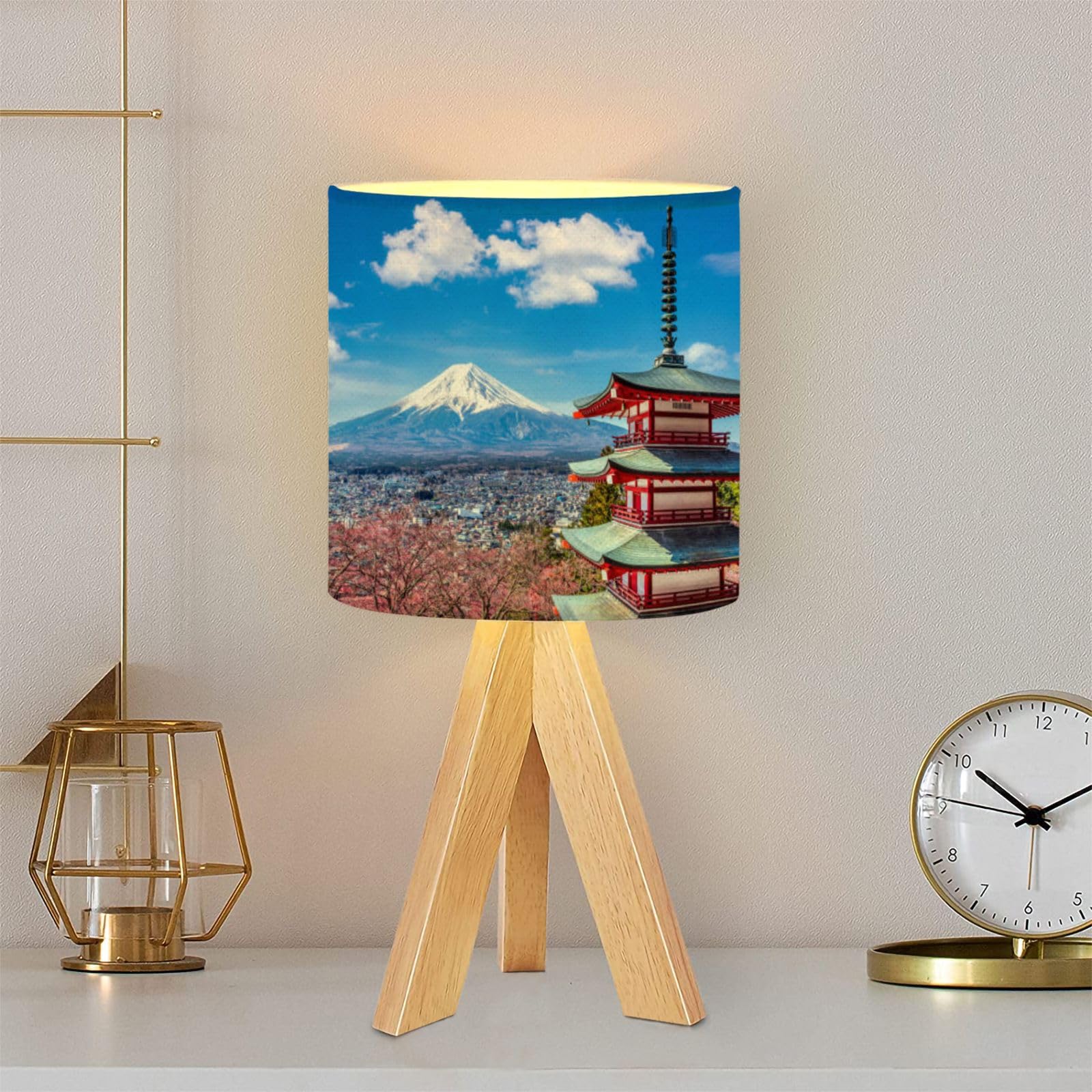 Tripod Table Lamp Mt Fuji snowcapped The Chureito Pagoda Fujiyoshida Japan Modern Bedside Dimmable Desk lamp Wooden Base Fabric Lampshade for Kids Room, Nursery, Bedroom, Living Room